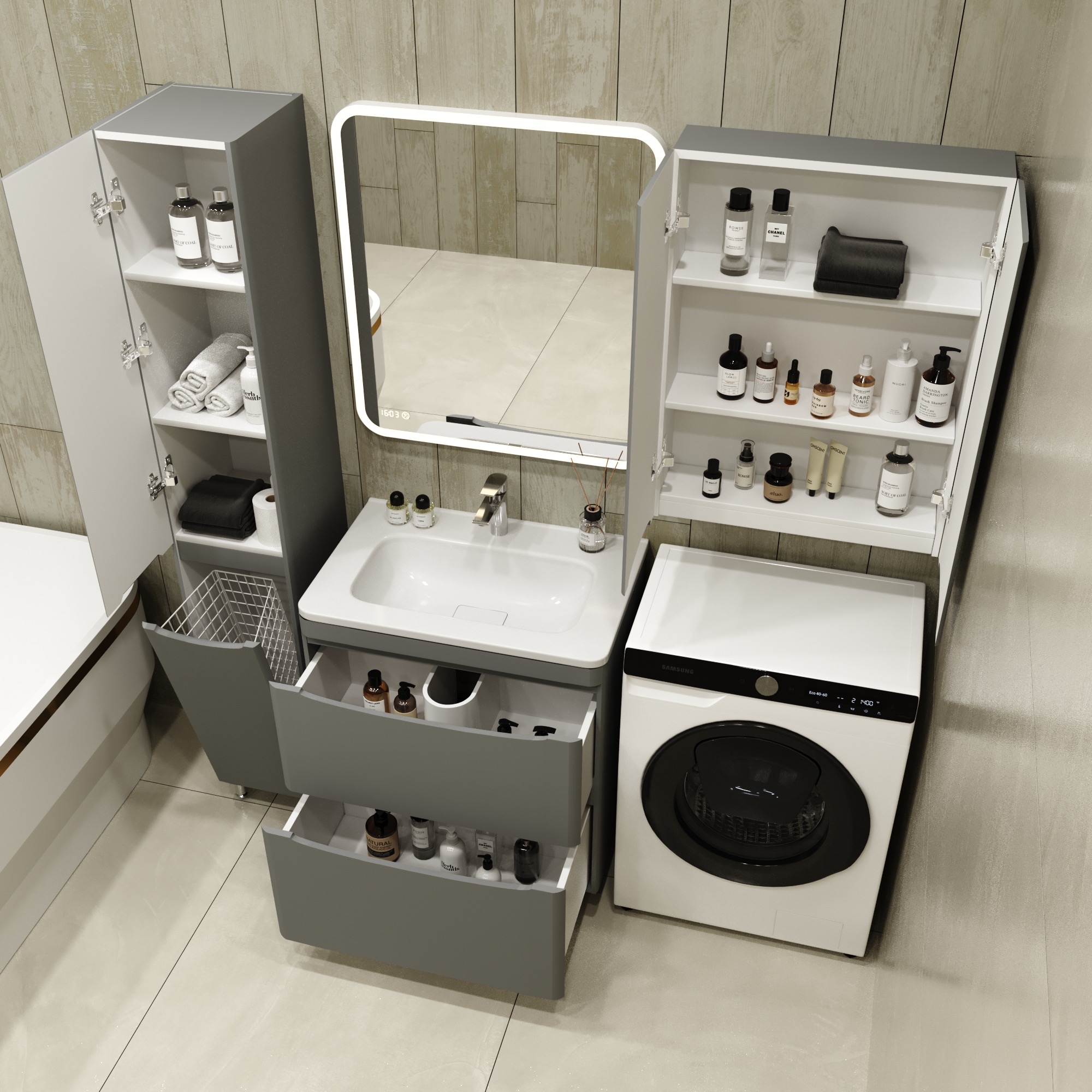 Тумба с раковиной Style Line Бергамо мини 70 2 ящика Люкс антискрейтч серая, Plus напольная