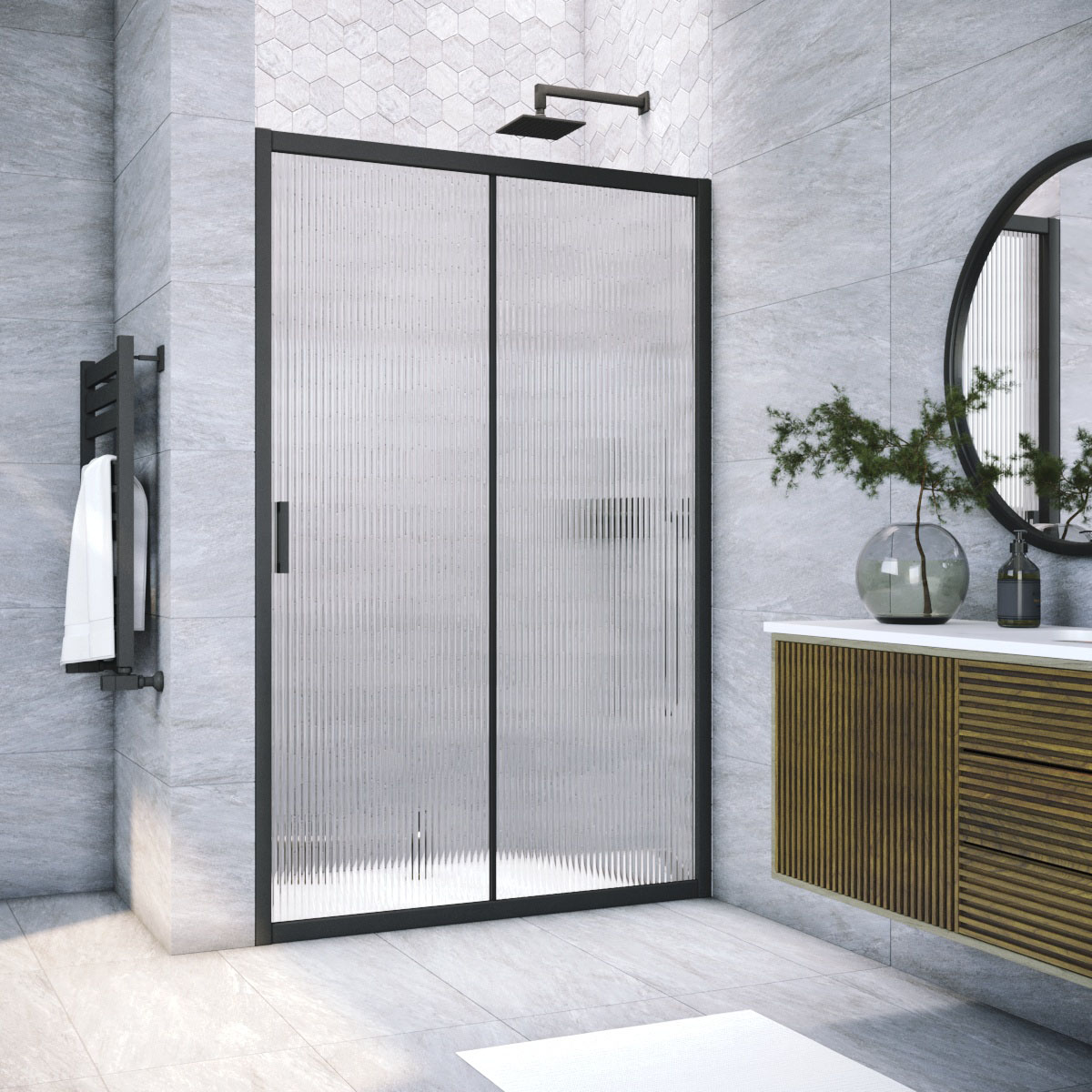 Душевая дверь в нишу Vegas Glass  ZP NOVO h2000 115 02М Moru, профиль черный матовый, стекло Moru