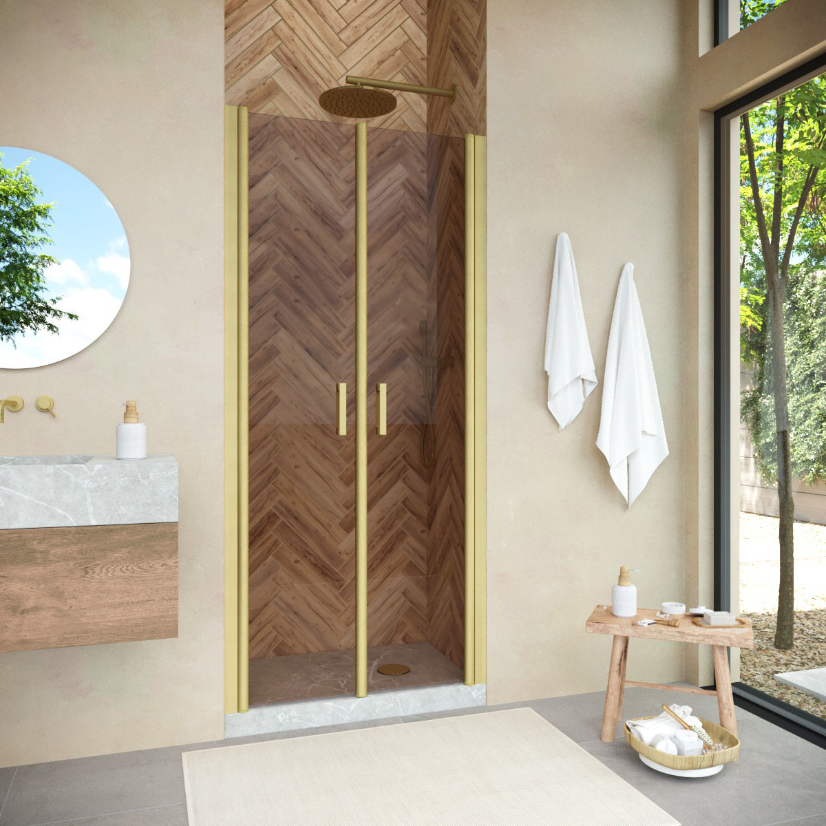 Душевая дверь в нишу Vegas Glass  E2P NOVO 110 03 05, профиль золото матовое, стекло бронза