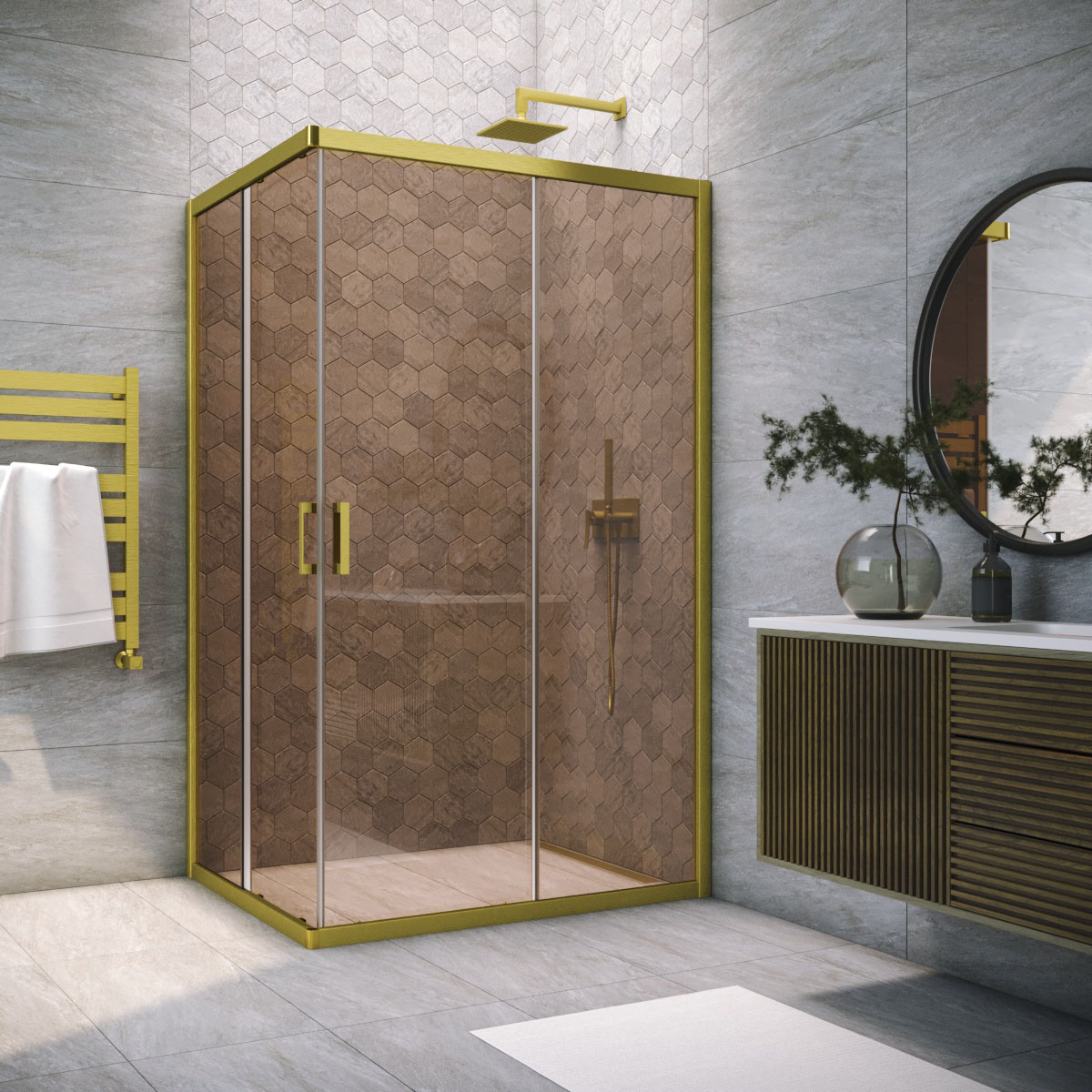 Душевой уголок Vegas Glass ZA-F NOVO h2000 120*100 03 05, профиль золото матовое, стекло бронза