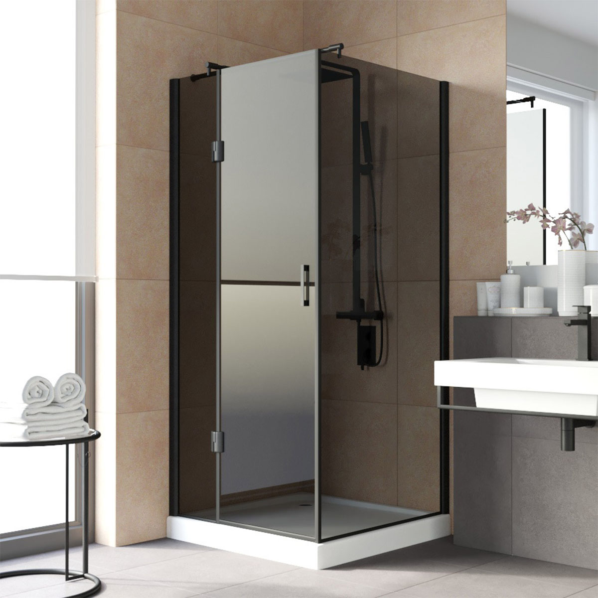 Душевой уголок Vegas Glass AFP-Fis LUX 90*110 02М 07 L, профиль черный матовый, стекло графит