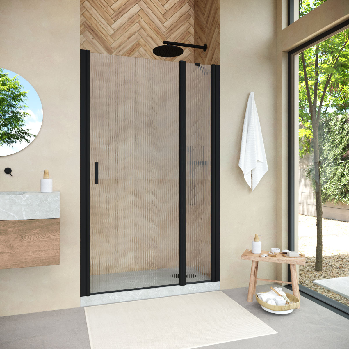 Душевая дверь в нишу Vegas Glass  EP-F-1 NOVO 100 02М Moru R, профиль черный матовый, стекло Moru