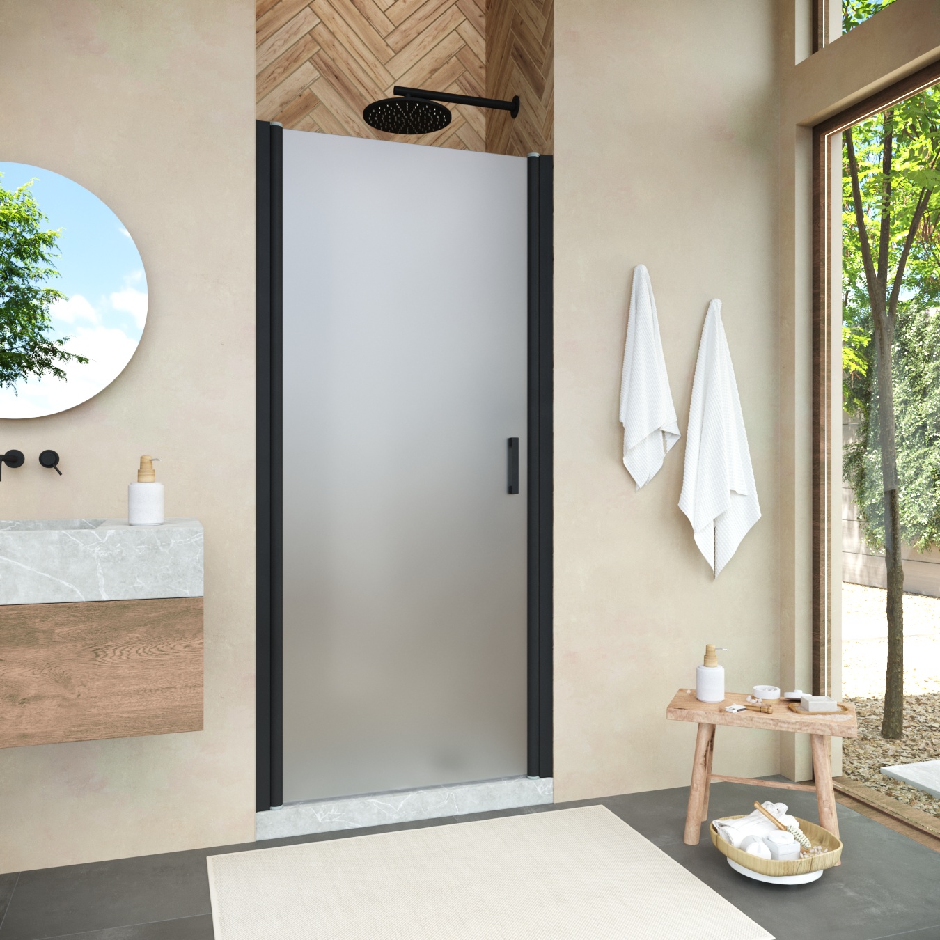 Душевая дверь в нишу Vegas Glass ЕР NOVO h2000 90 02М 10, профиль черный матовый, стекло сатин