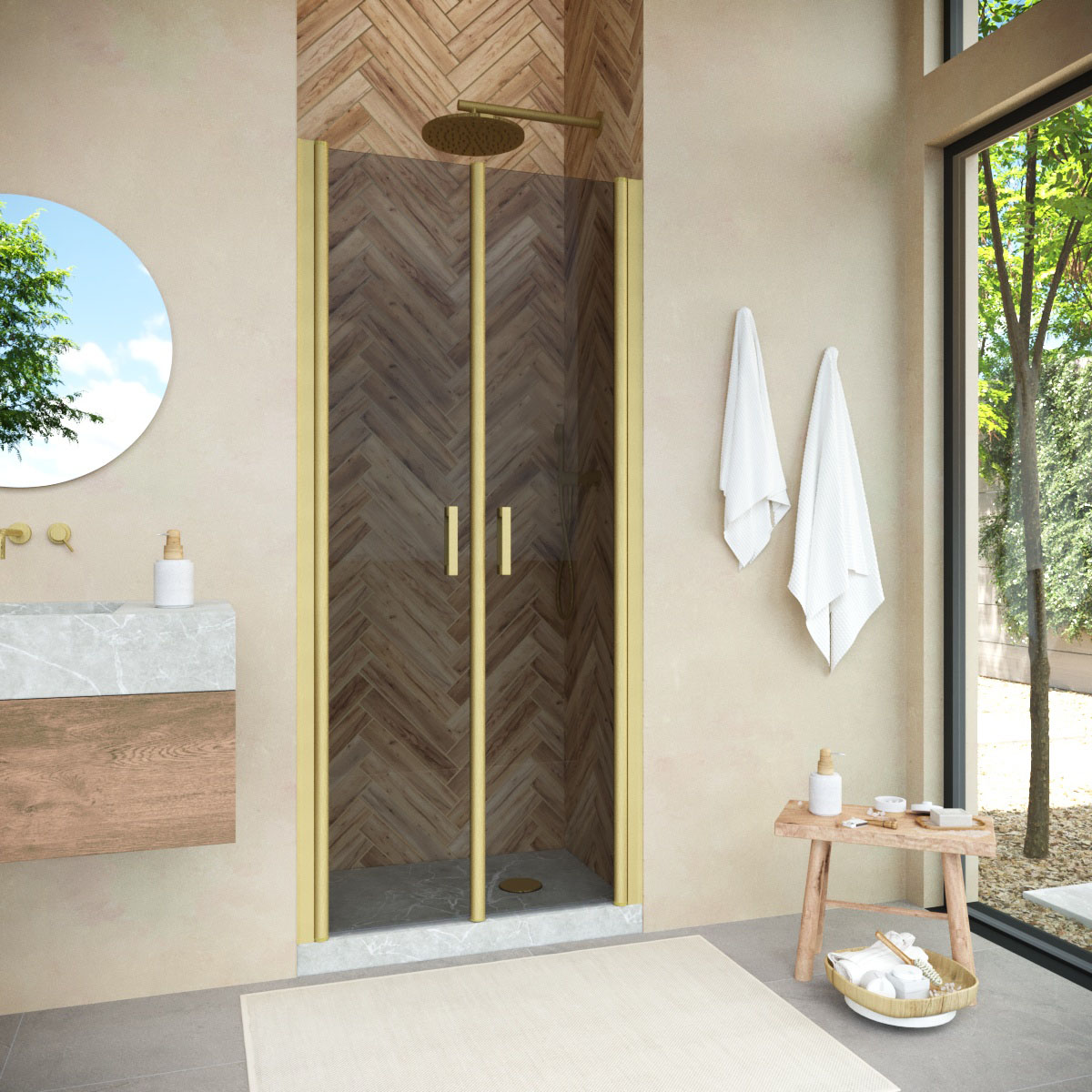 Душевая дверь в нишу Vegas Glass  E2P NOVO h2000 100 03 07, профиль золото матовое, стекло графит