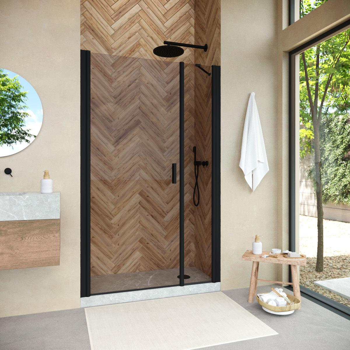 Душевая дверь в нишу Vegas Glass  EP-F-2 NOVO 155 02М 05 L, профиль черный матовый, стекло бронза