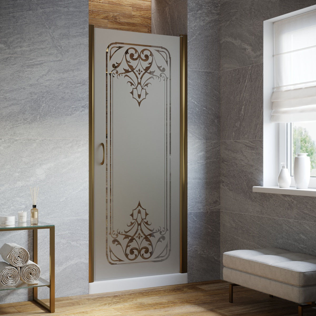 Душевая дверь в нишу Vegas Glass EP LUX 85 05 ARTDECO D2 R, профиль бронза, стекло сатин, рисунок прозрачный