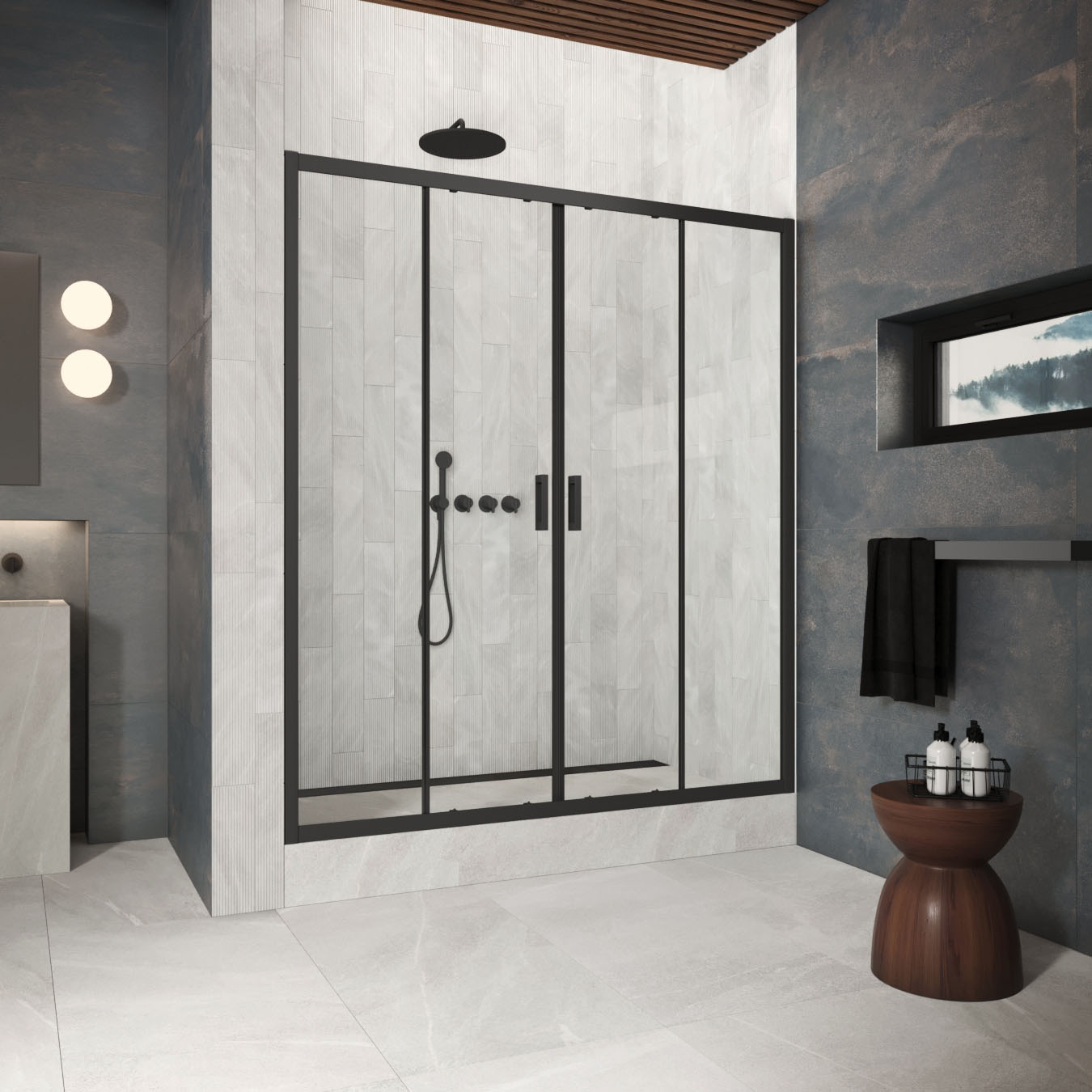 Душевая дверь в нишу Vegas Glass  Z2P Protec h1900 150 02М 01, профиль черный матовый, стекло прозрачное