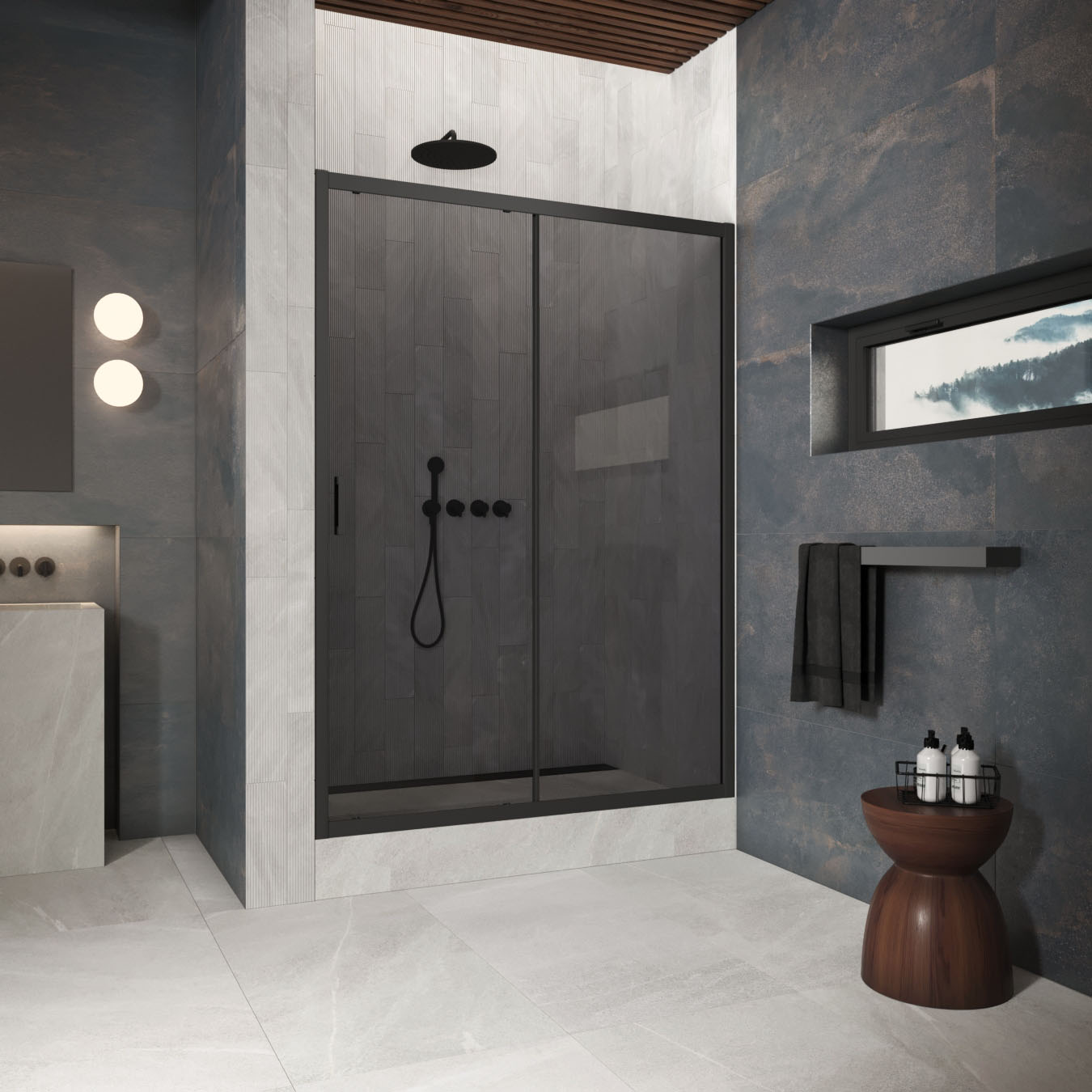 Душевая дверь в нишу Vegas Glass  ZP Protec h1900 105 02М 07, профиль черный матовый, стекло графит