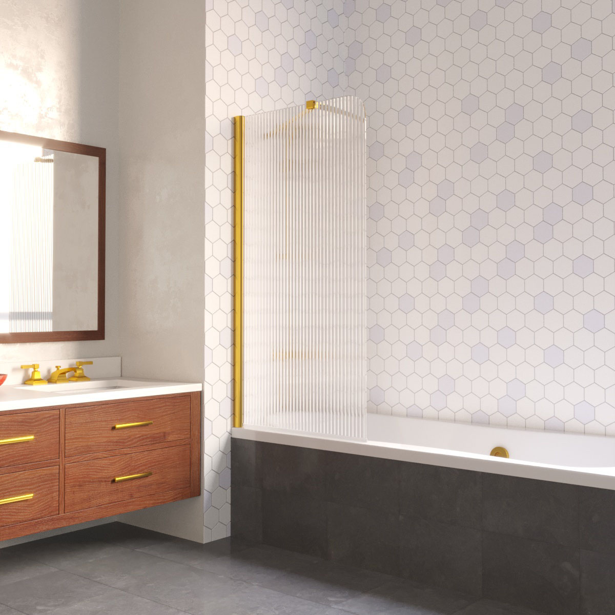 Шторка на ванну Vegas Glass EV LUX ST 76 09 Moru L, профиль золото глянцевое, стекло Moru