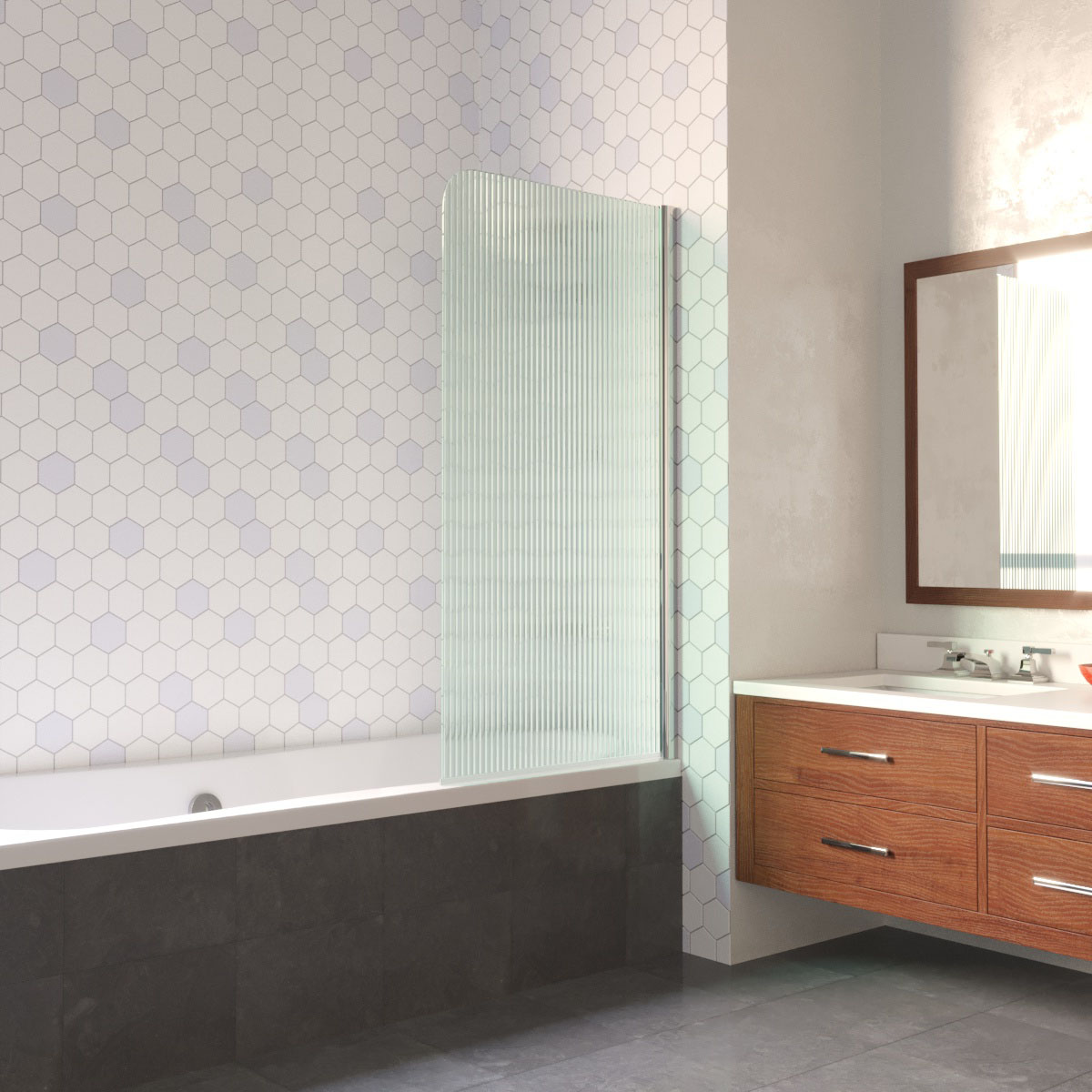 Шторка на ванну Vegas Glass  EV LUX 60 08 Moru R, профиль глянцевый хром, стекло Moru