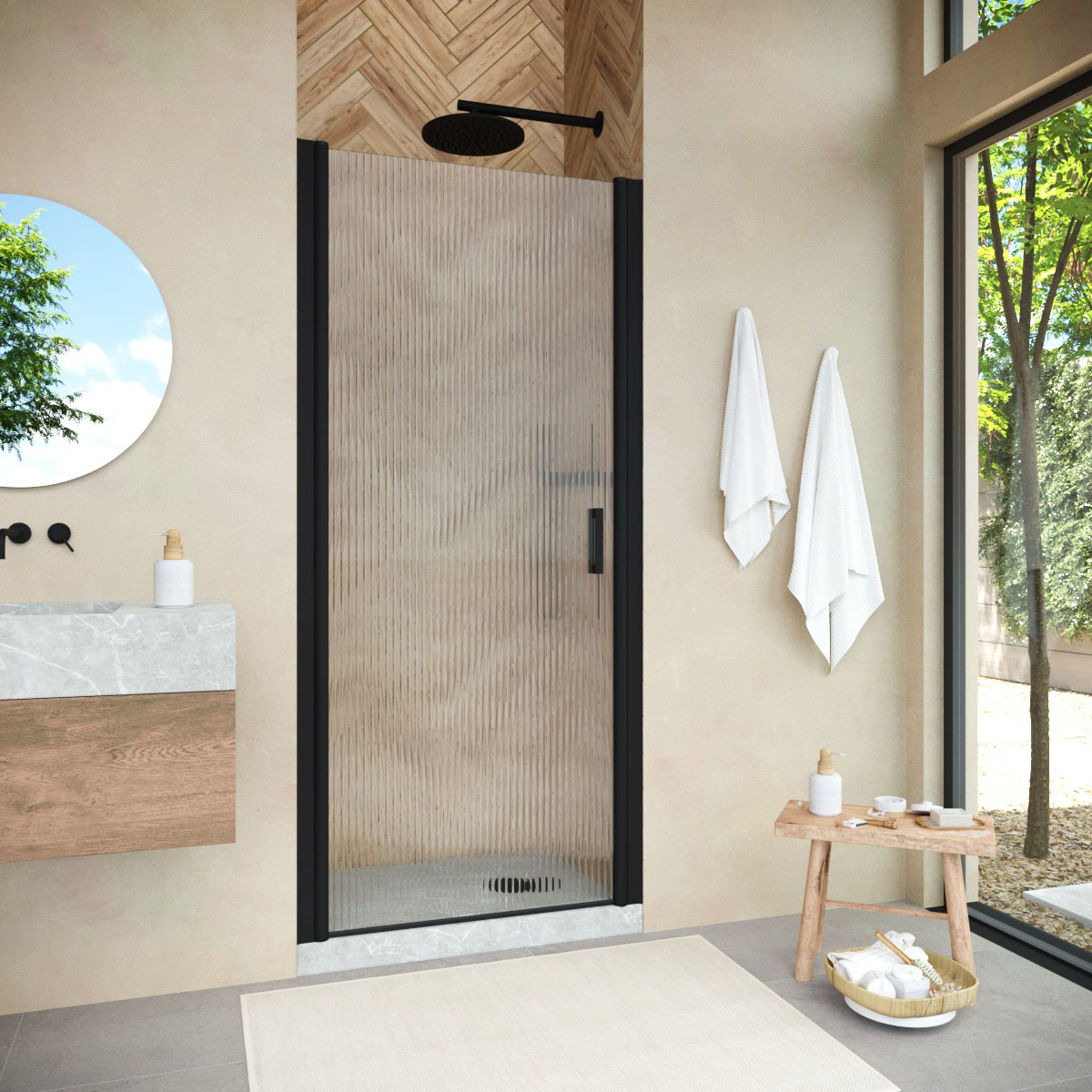 Душевая дверь в нишу Vegas Glass  EP NOVO h2000 95 02М Moru, профиль черный матовый, стекло Moru