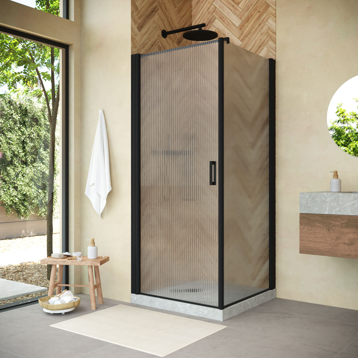 Душевой уголок Vegas Glass EP-FIS NOVO 90*80 02М Moru L, профиль черный матовый, стекло Moru