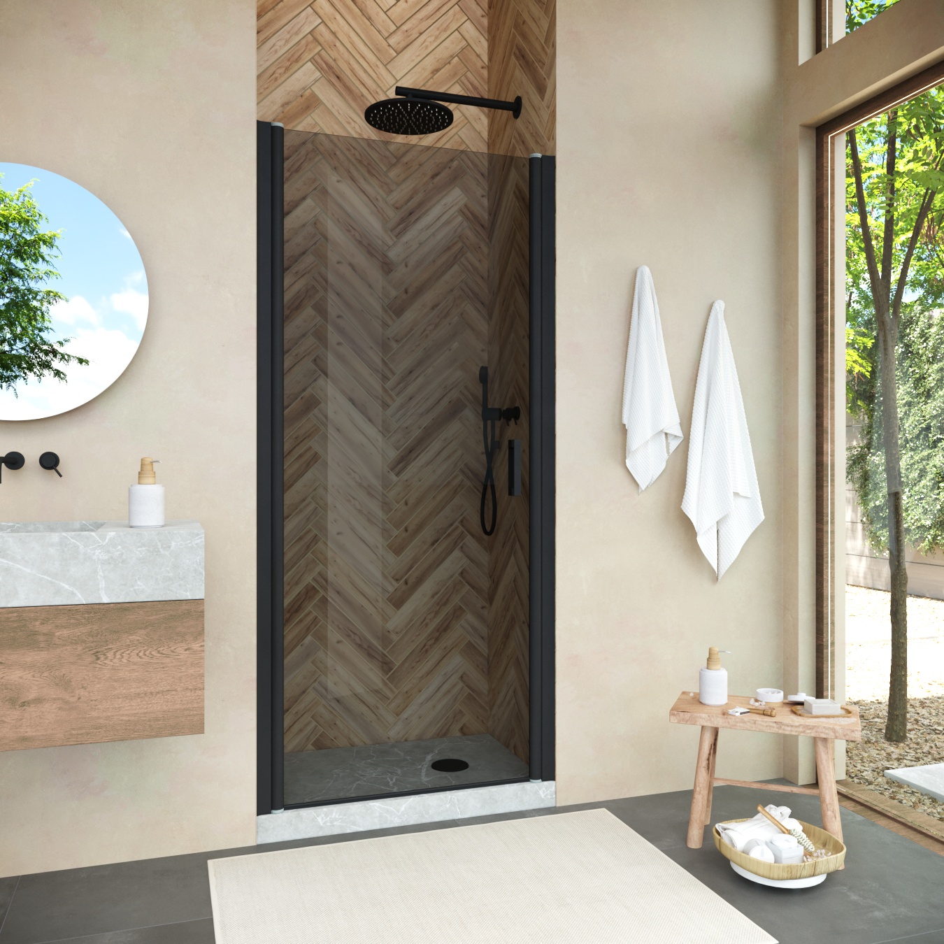 Душевая дверь в нишу Vegas Glass ЕР NOVO h2000 90 02М 07, профиль черный матовый, стекло графит