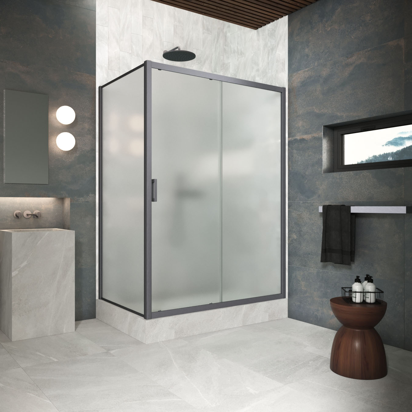 Душевой уголок Vegas Glass ZP+ZPV Protec 100*100 06 10, профиль GunMetal, стекло сатин