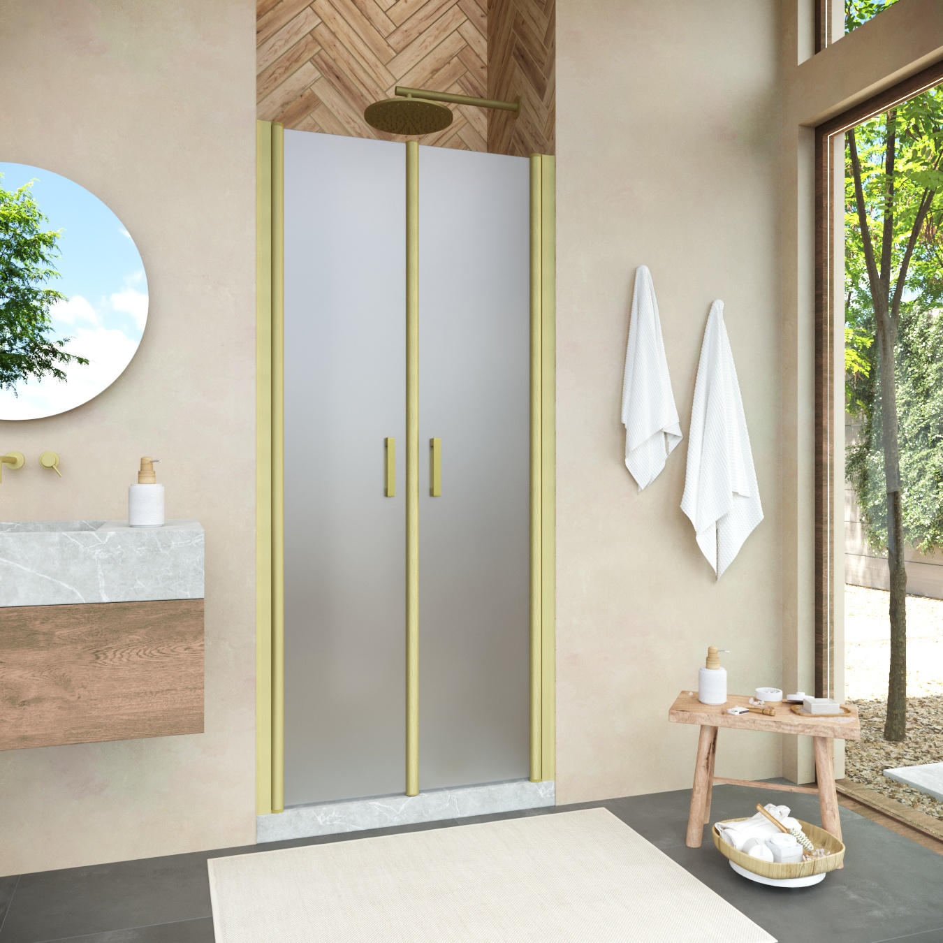 Душевая дверь в нишу Vegas Glass Е2Р NOVO h2000 75 03 10, профиль золото матовое, стекло сатин