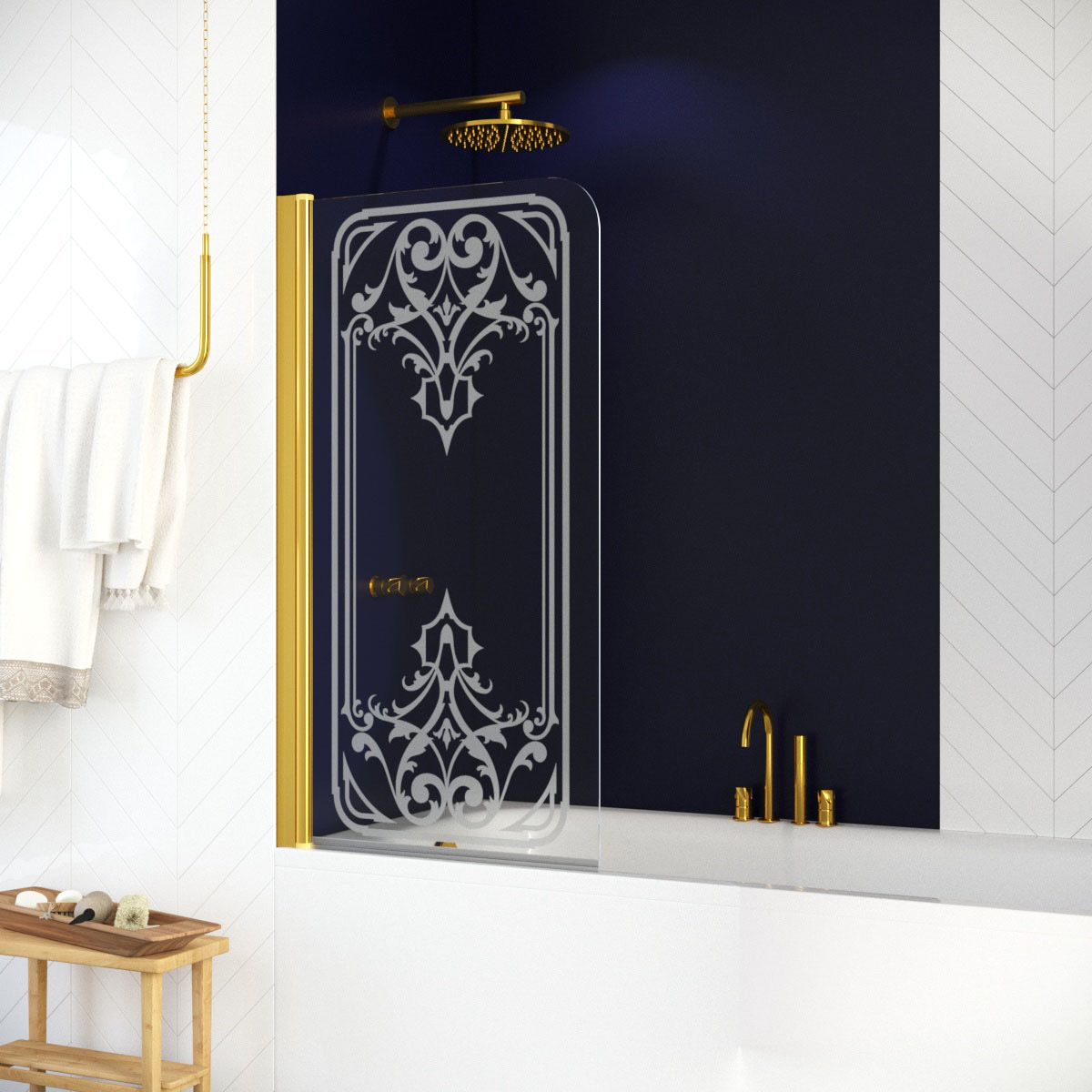 Шторка на ванну Vegas Glass EV 76 09 ARTDECO D2 L, профиль золото глянцевое, стекло с декором