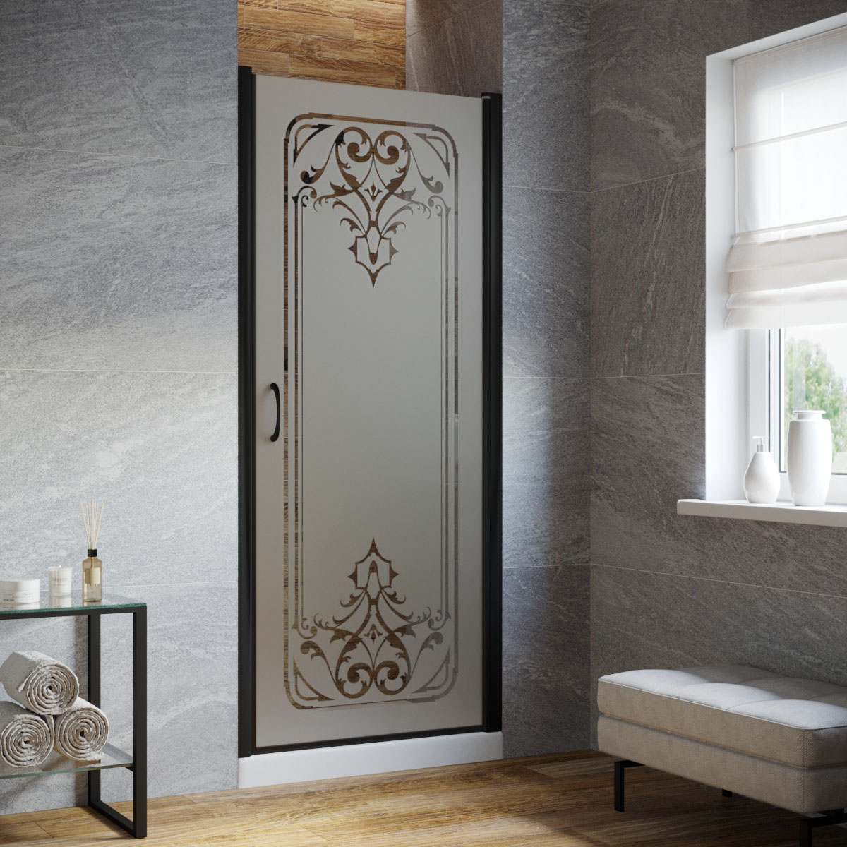 Душевая дверь в нишу Vegas Glass EP LUX 85 02М ARTDECO D2 R, профиль черный матовый, стекло сатин, рисунок прозрачный