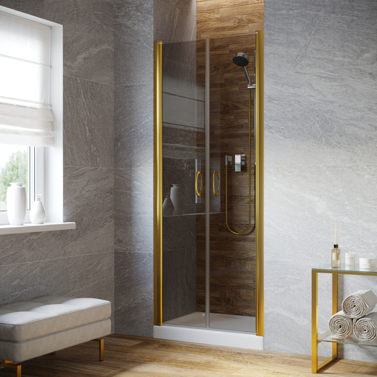 Душевая дверь в нишу Vegas Glass Е2Р LUX 120 09 07, профиль золото глянцевое, стекло графит