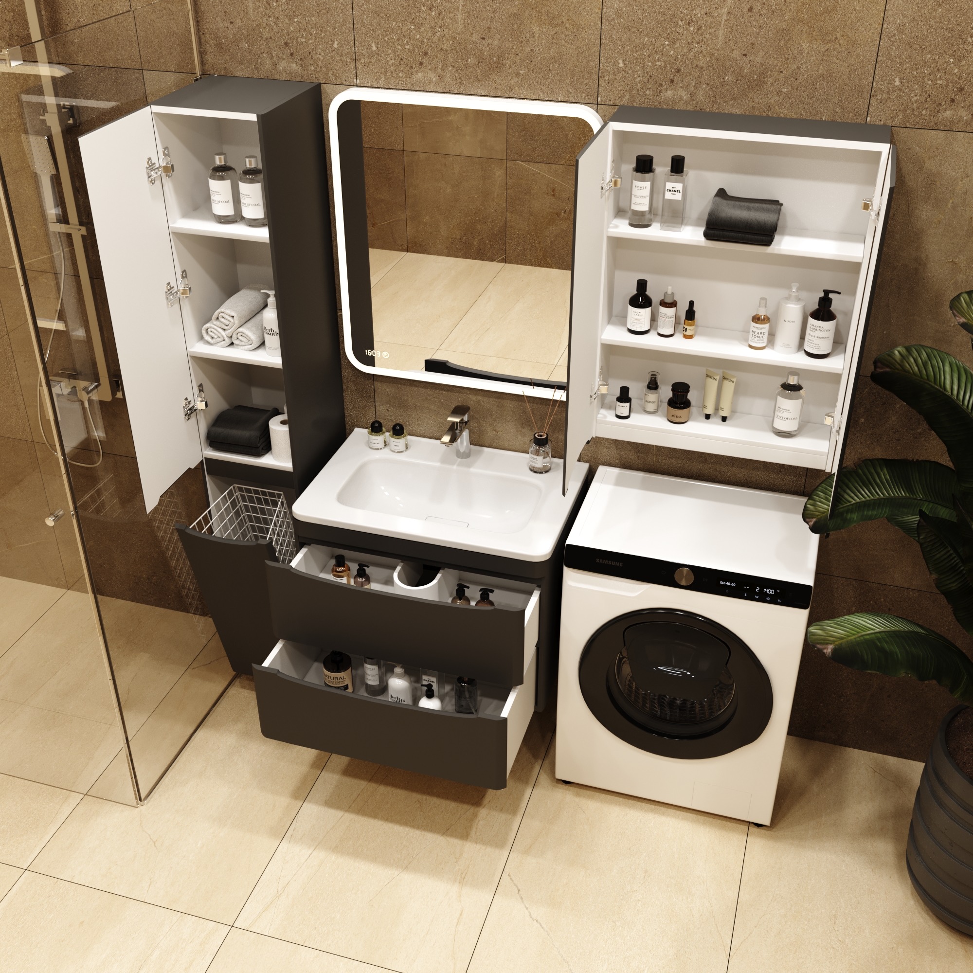 Тумба с раковиной Style Line Бергамо мини 70 2 ящика Люкс антискрейтч черная, Plus подвесная