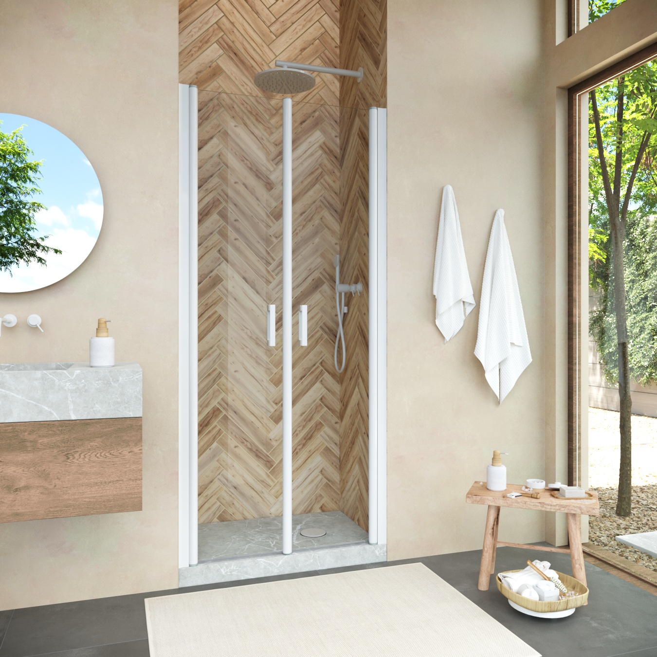 Душевая дверь в нишу Vegas Glass Е2Р NOVO 95 01 01, профиль белый, стекло прозрачное