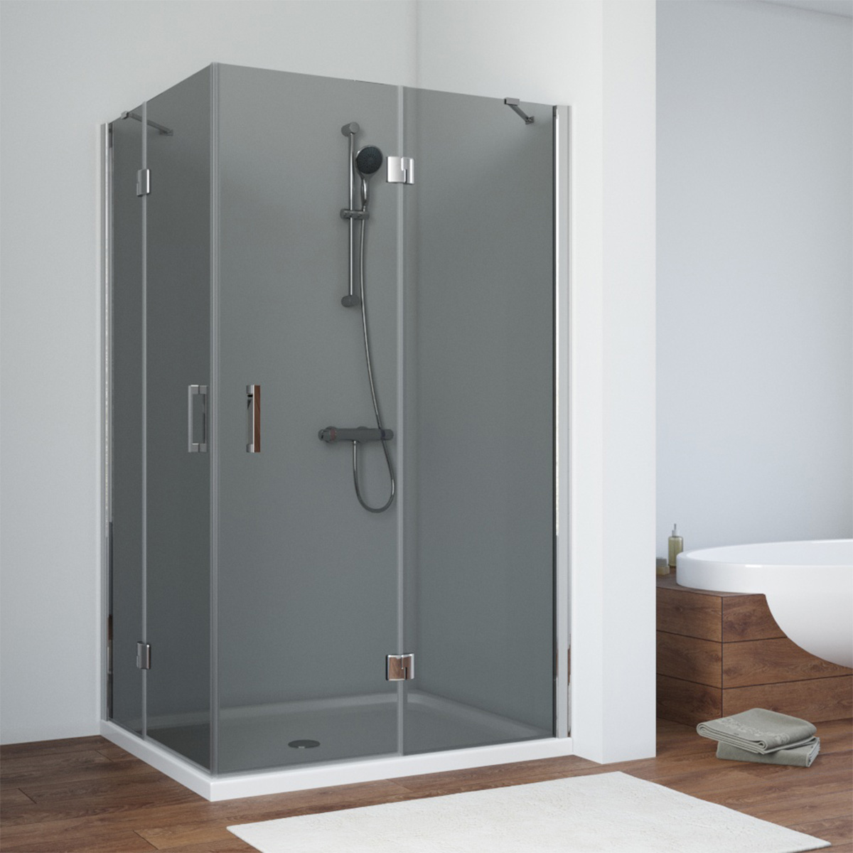 Душевой уголок Vegas Glass AFA-F NOVO 90*80 08 07 R, профиль глянцевый хром, стекло графит