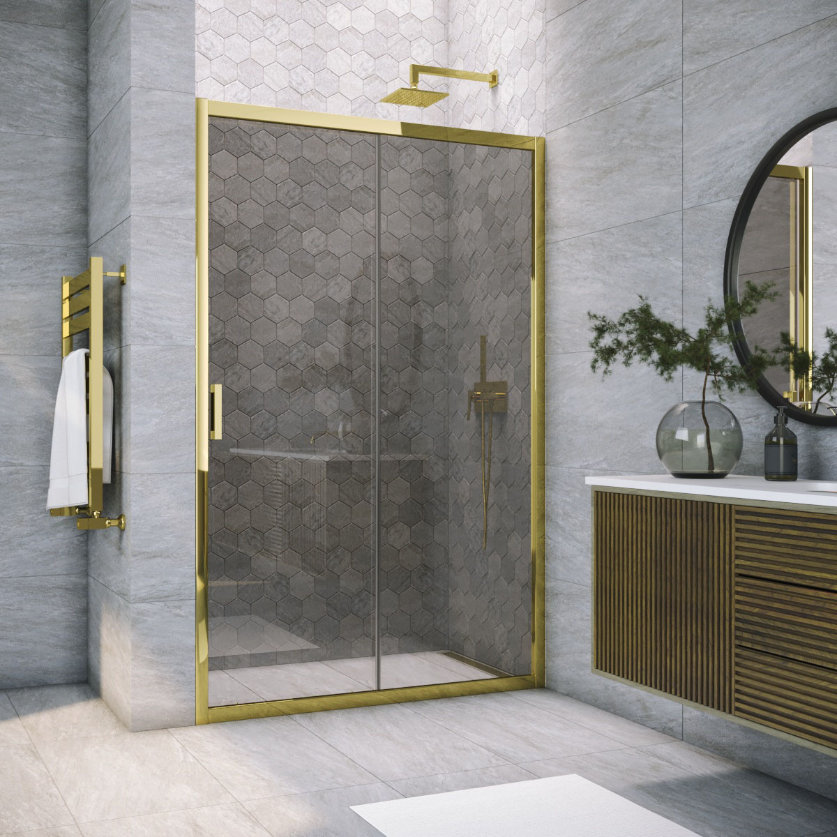 Душевая дверь в нишу Vegas Glass ZP TUR NOVO h1900 145 09 07, профиль золото глянцевое, стекло графит