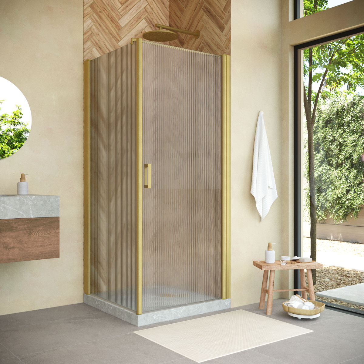 Душевой уголок Vegas Glass EP-FIS NOVO 80*90 03 Moru R, профиль золото матовое, стекло Moru