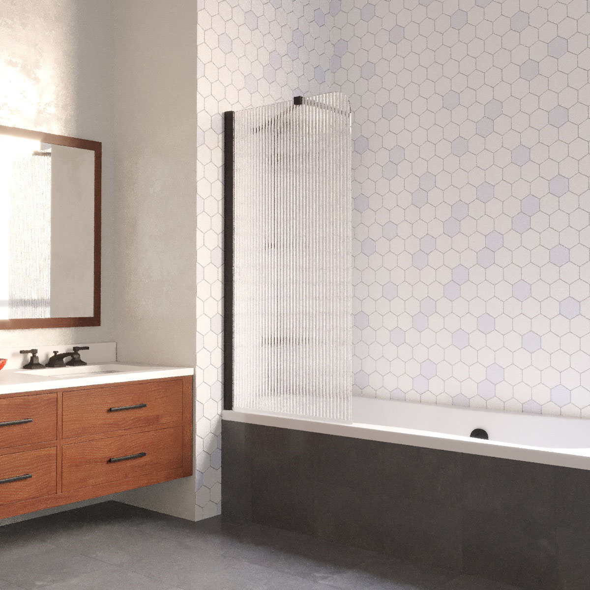 Шторка на ванну Vegas Glass EV LUX ST 76 02М Moru L, профиль черный матовый, стекло Moru