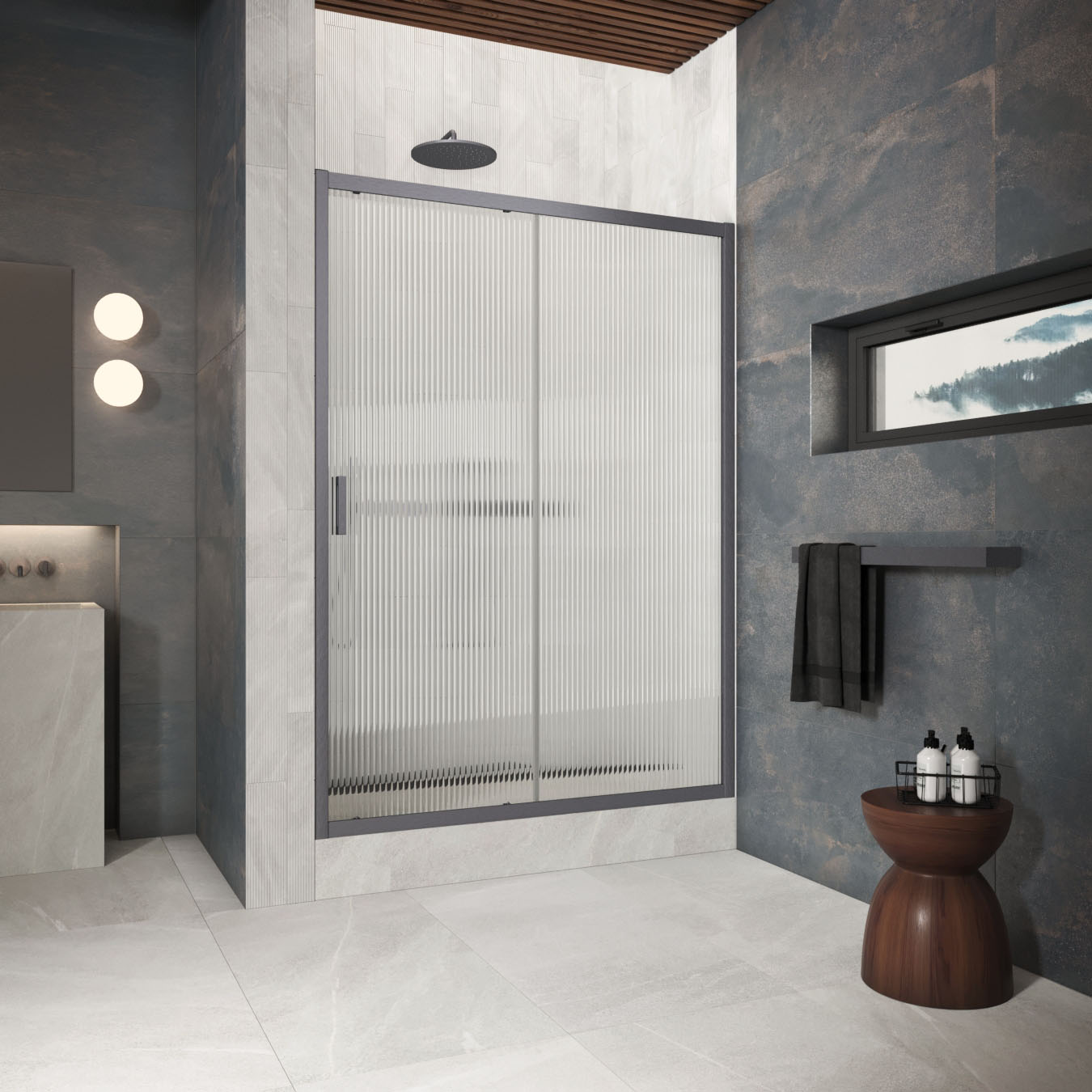 Душевая дверь в нишу Vegas Glass  ZP Protec 140 06 Moru, профиль GunMetal, стекло Moru