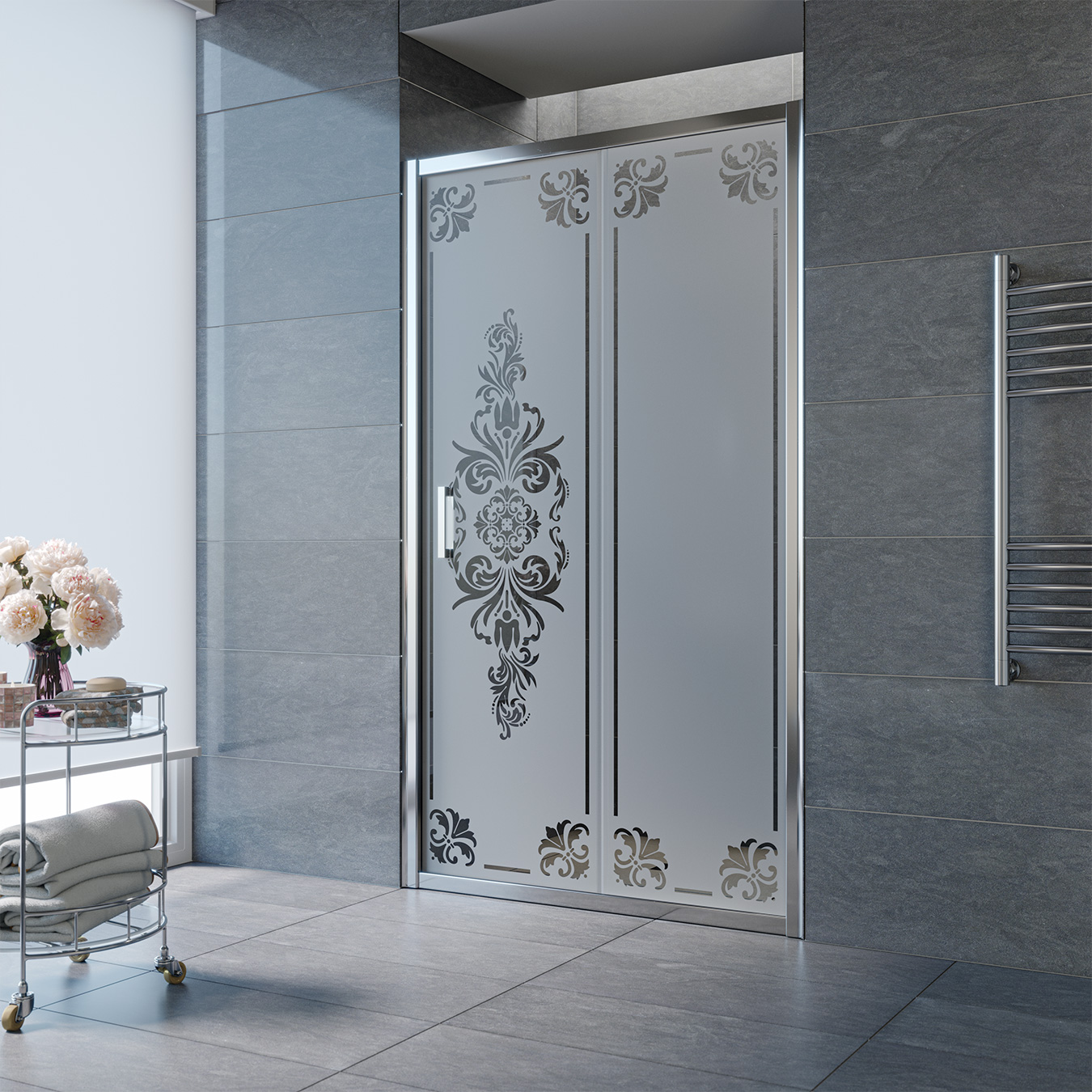 Душевая дверь в нишу Vegas Glass ZP TUR NOVO h1900 180 08 VENZEL 1, профиль глянцевый хром, стекло сатин, рисунок прозрачный