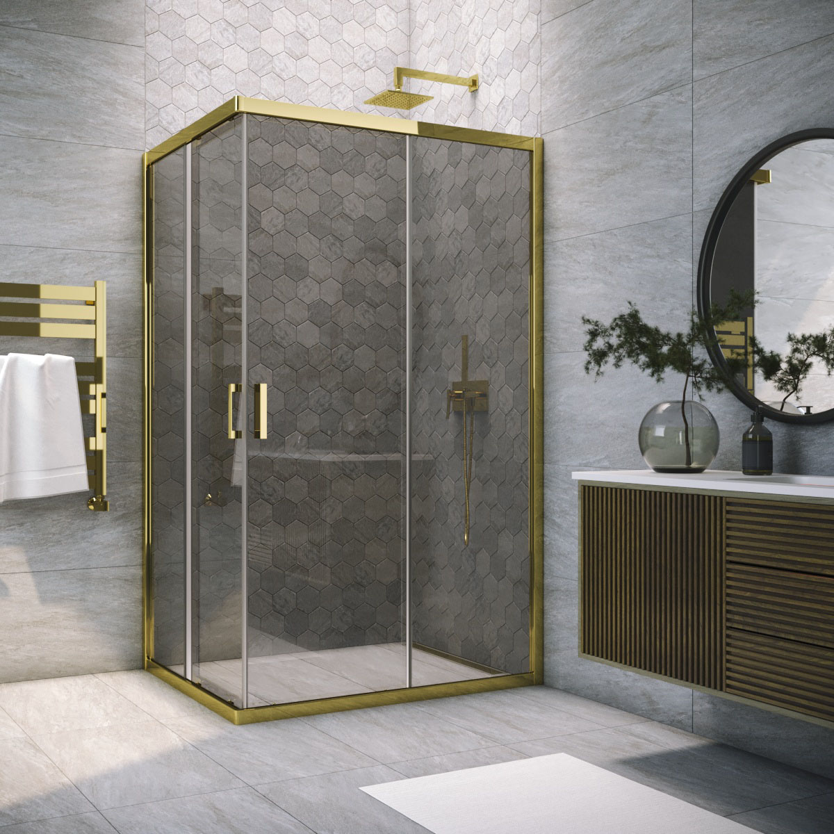 Душевой уголок Vegas Glass ZA-F TUR NOVO 95*90 09 07, профиль золото глянцевое, стекло графит