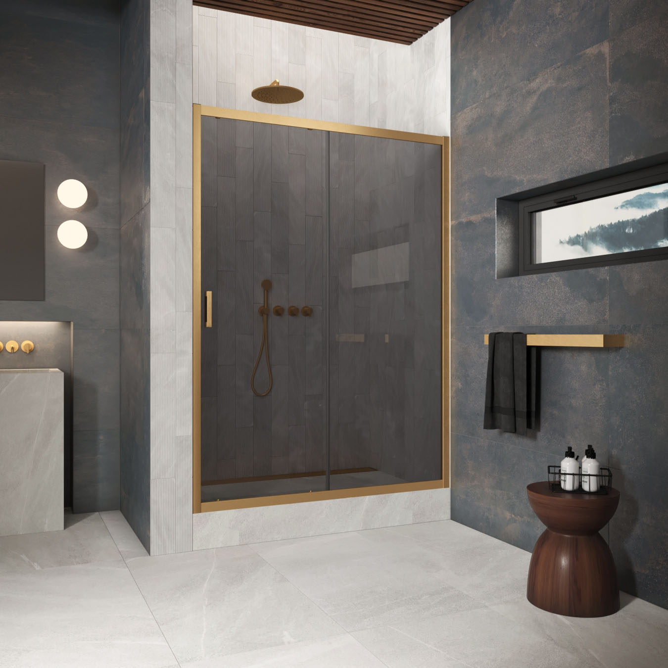 Душевая дверь в нишу Vegas Glass  ZP Protec h1900 160 03 07, профиль золото матовое, стекло графит