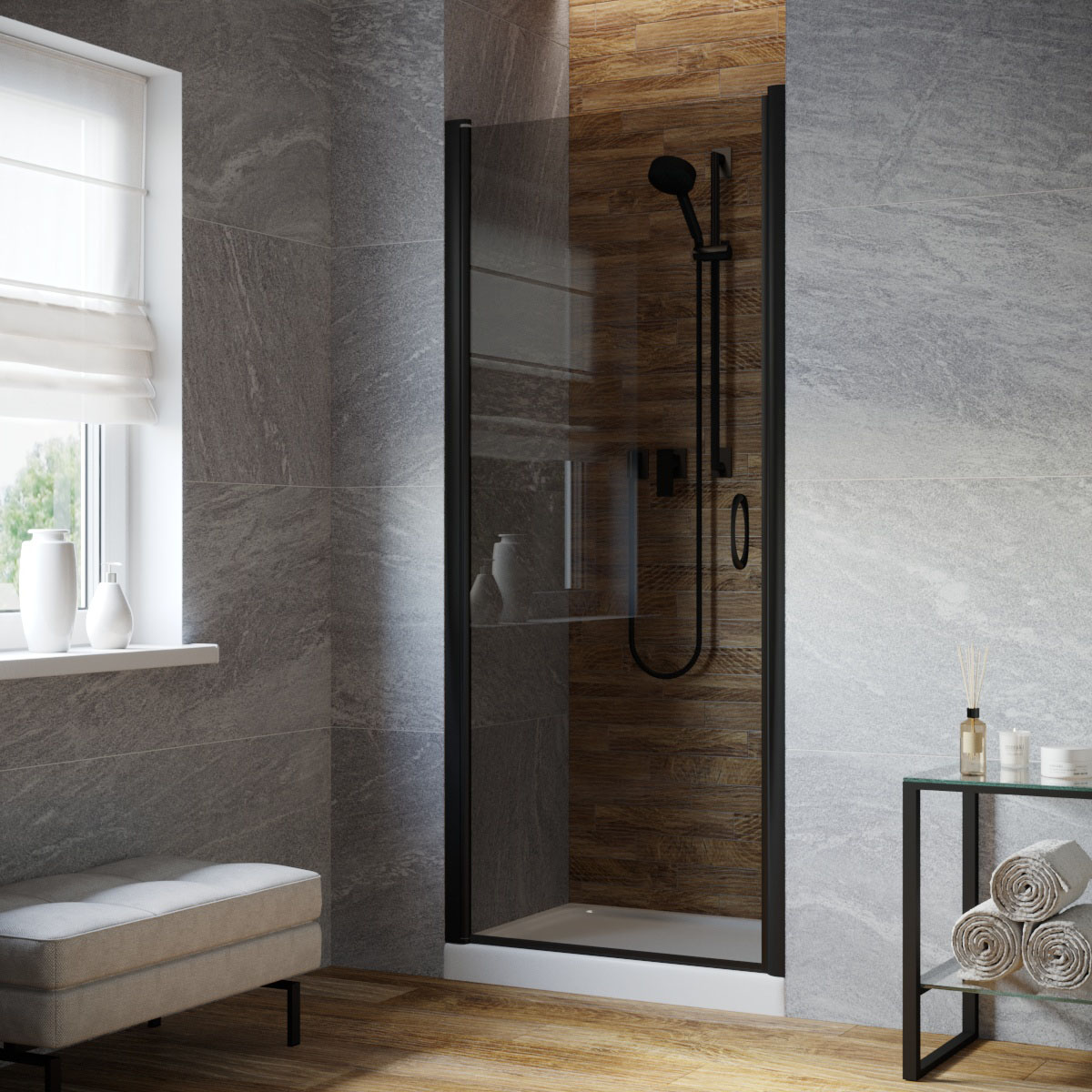 Душевая дверь в нишу Vegas Glass EP LUX 90 02М 07 L, профиль черный матовый, стекло графит