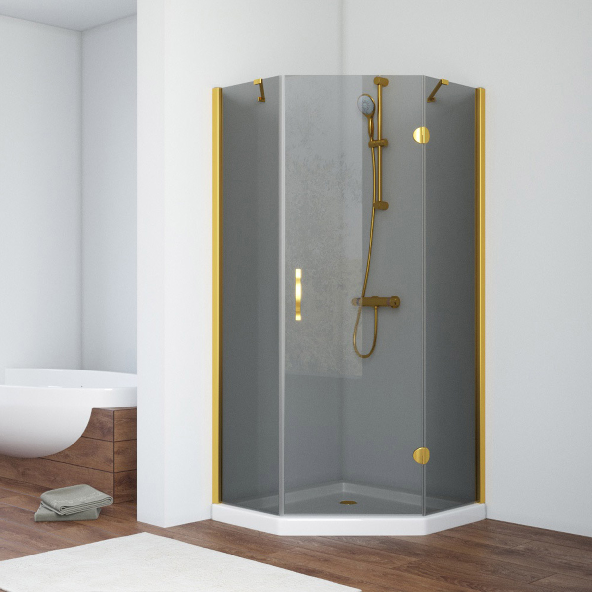 Душевой уголок Vegas Glass AFA-Pen NOVO 90 09 07 R, профиль золото глянцевое, стекло графит
