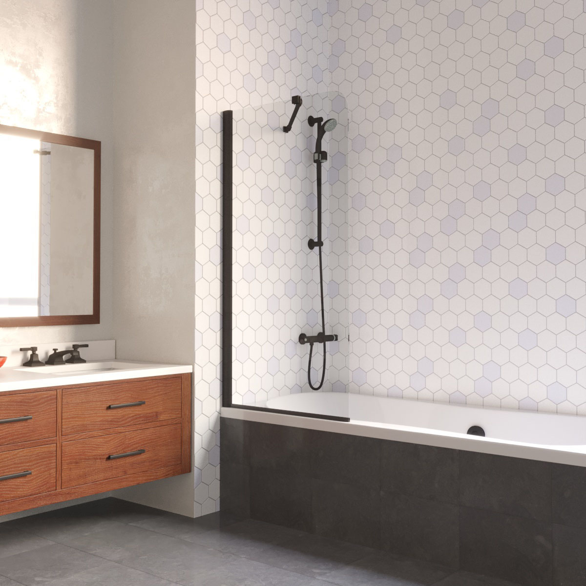 Шторка на ванну Vegas Glass EV LUX ST 76 02М 01 L, профиль черный матовый, стекло прозрачное