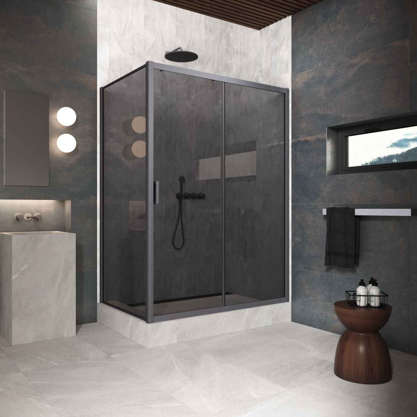 Душевой уголок Vegas Glass ZP+ZPV Protec 150*95 06 07, профиль GunMetal, стекло графит