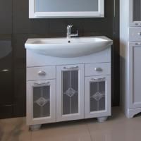 Тумба с раковиной ASB-Woodline Бергамо 85 белая, патина серебро, витраж