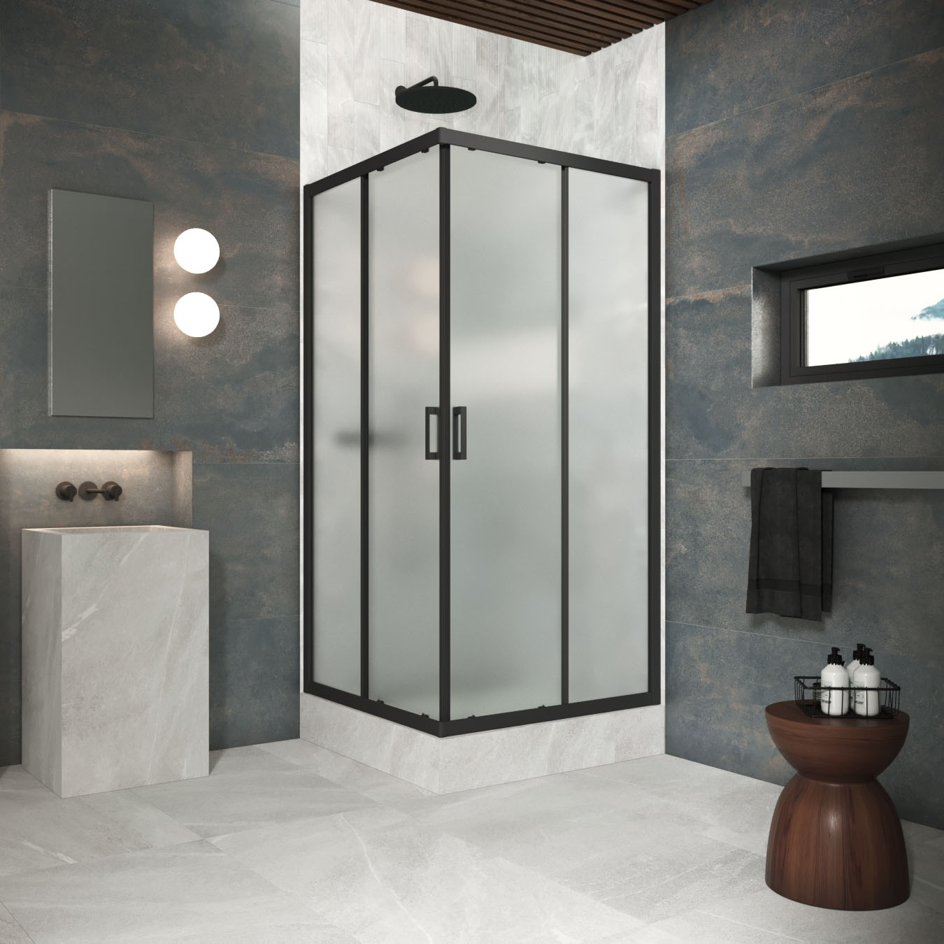 Душевой уголок Vegas Glass ZA Protec 85 02М 10, профиль черный матовый, стекло сатин