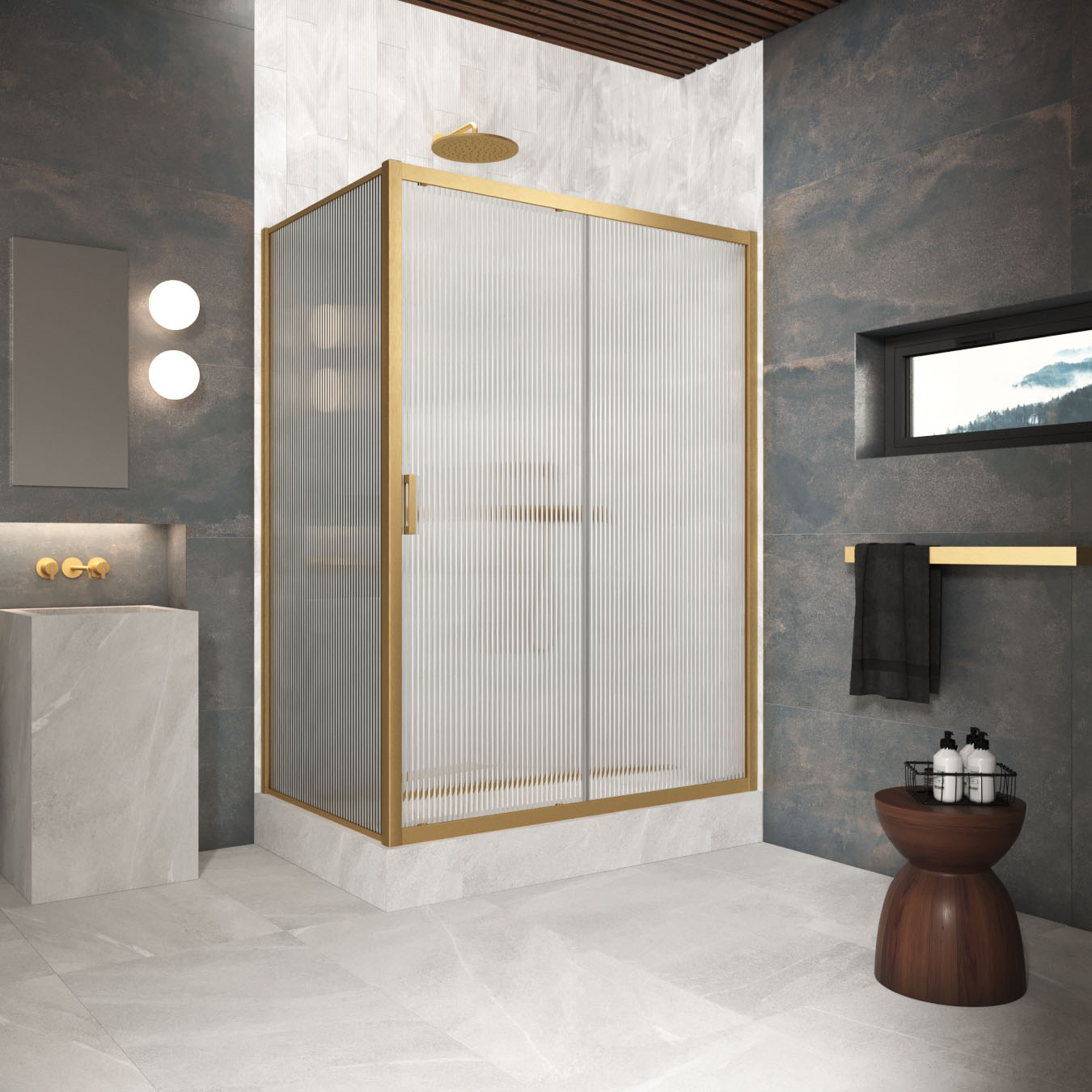 Душевой уголок Vegas Glass ZP+ZPV Protec 125*95 03 Moru, профиль золото матовое, стекло Moru