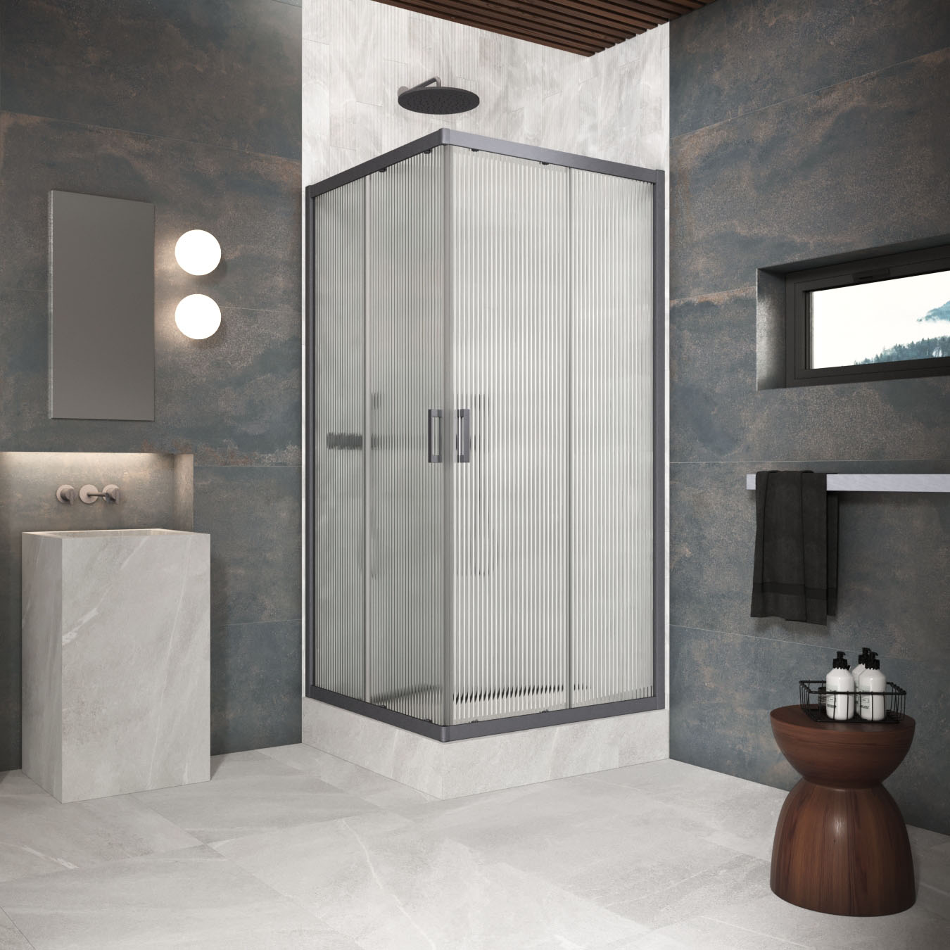 Душевой уголок Vegas Glass ZA Protec h1900 100 06 Moru, профиль GunMetal, стекло Moru