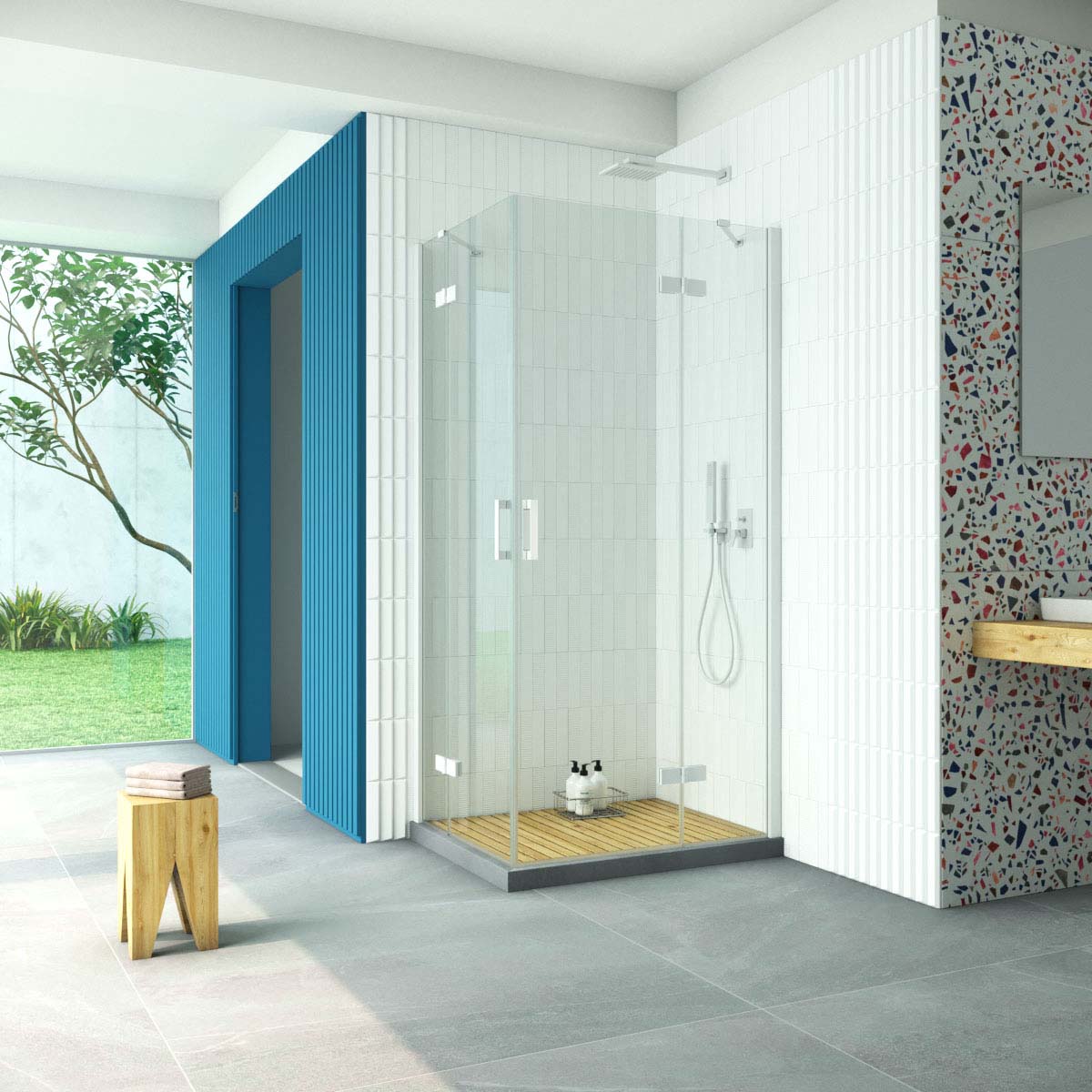 Душевой уголок Vegas Glass AFA-F Retta 100*90 01 crystalvision R, профиль белый стекло crystalvision