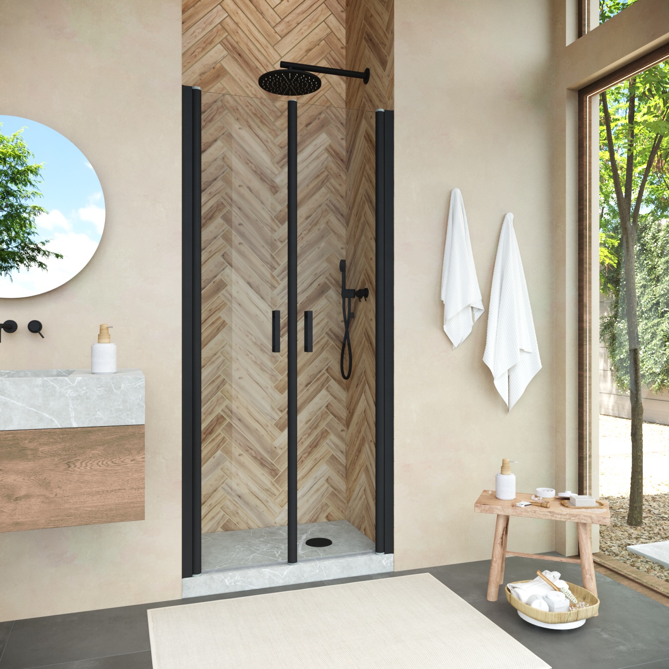 Душевая дверь в нишу Vegas Glass Е2Р NOVO 70 02М crystalvision, профиль черный матовый, стекло crystalvision