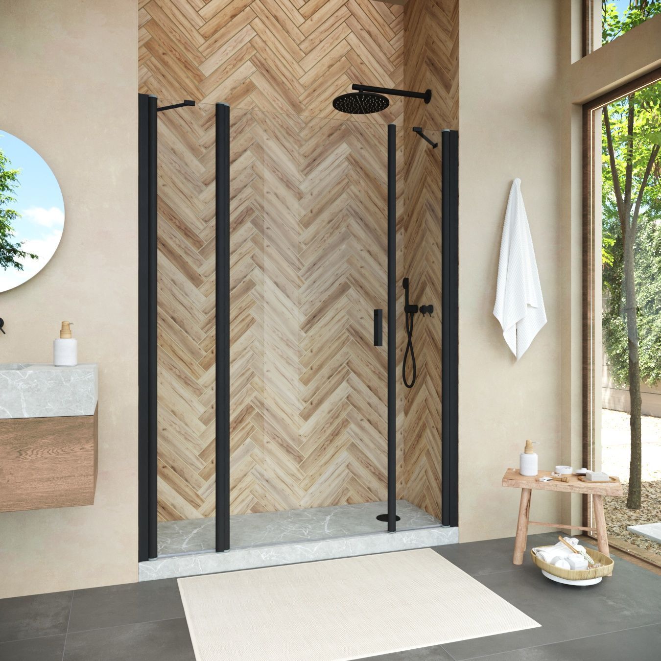 Душевая дверь в нишу Vegas Glass EP-2F NOVO 135 02М 01 L профиль черный матовый, стекло прозрачное