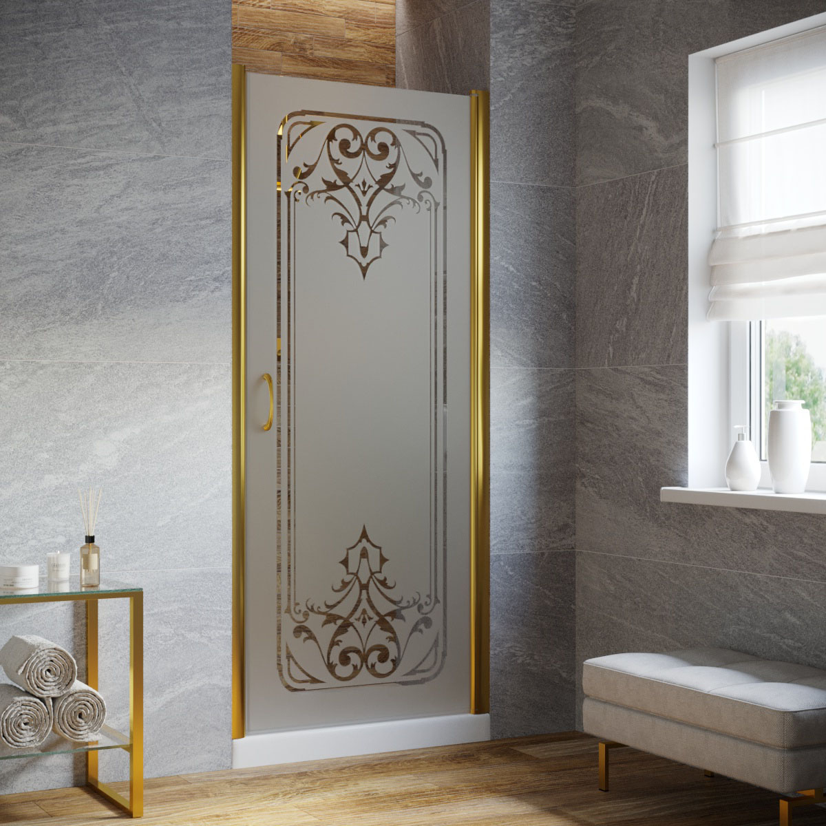 Душевая дверь в нишу Vegas Glass EP LUX 85 09 ARTDECO D2 R, профиль золото глянцевое, стекло сатин, рисунок прозрачный