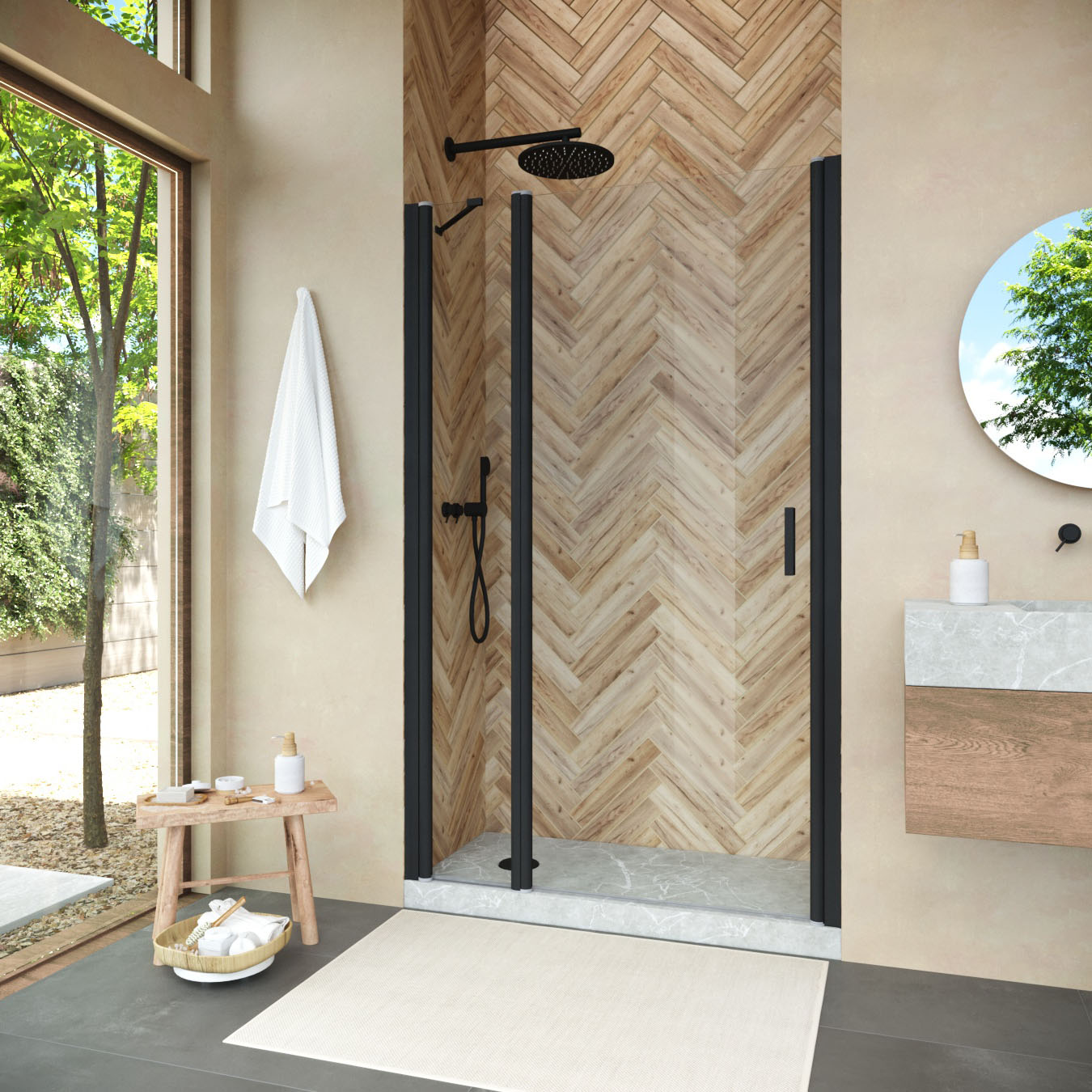 Душевая дверь в нишу Vegas Glass EP-F-1 NOVO h2000 140 02М 01 L, профиль черный матовый, стекло прозрачное