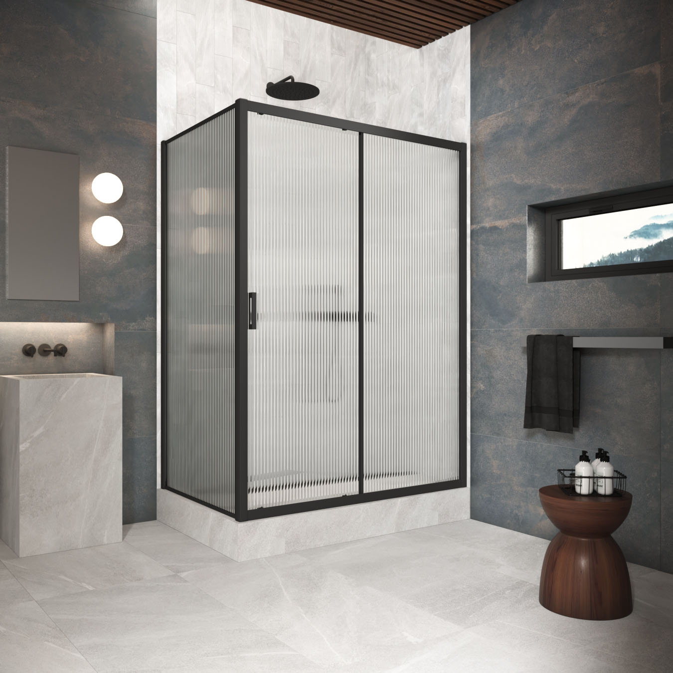 Душевой уголок Vegas Glass ZP+ZPV Protec 175*75 02М Moru, профиль черный матовый, стекло Moru