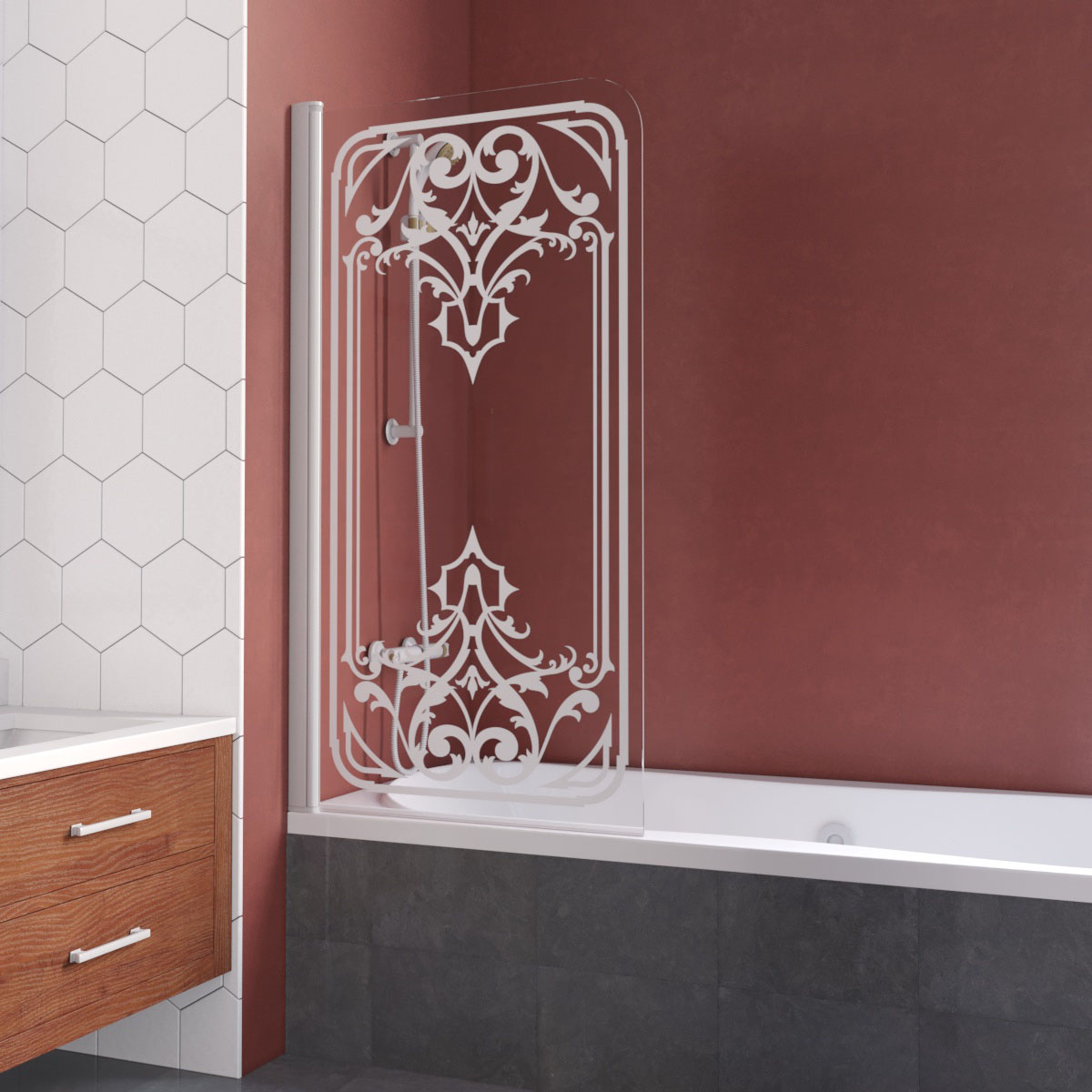 Шторка на ванну Vegas Glass EV LUX 75 01 ARTDECO D2 L, профиль белый, стекло с декором