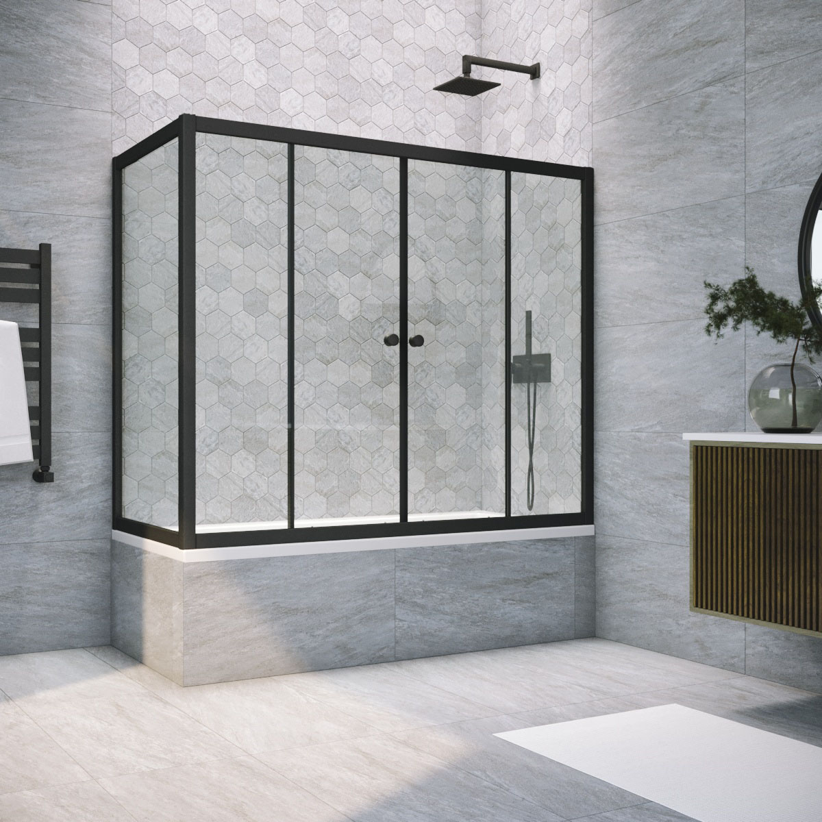 Шторка на ванну Vegas Glass Z2V+ZVF NOVO 175*70 02М 01, профиль черный матовый, стекло прозрачное