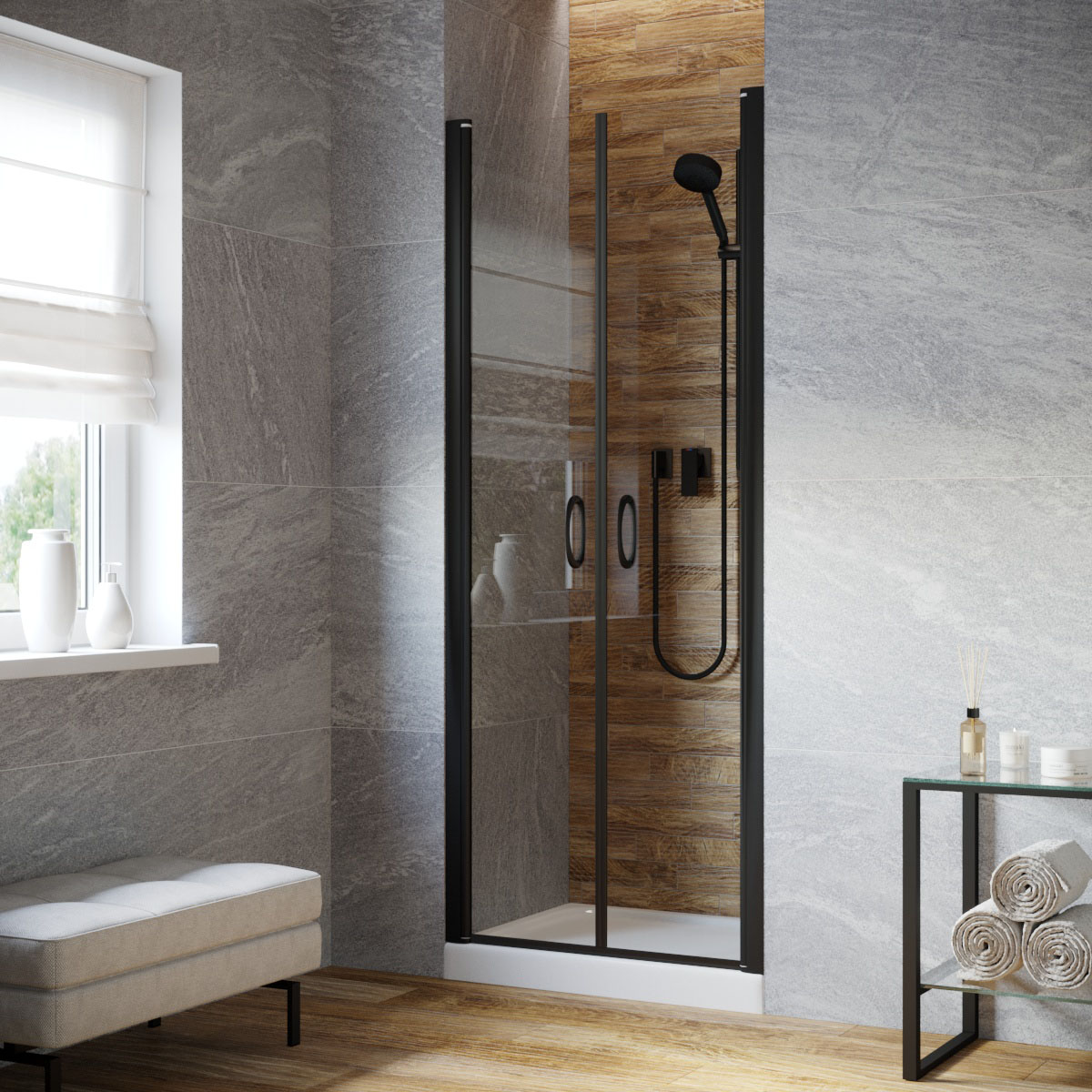 Душевая дверь в нишу Vegas Glass  E2P LUX 90 02М 01, профиль черный матовый, стекло прозрачное