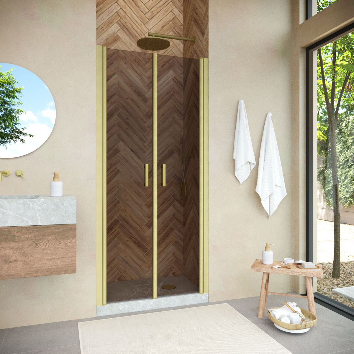 Душевая дверь в нишу Vegas Glass Е2Р NOVO 75 03 05, профиль золото матовое, стекло бронза